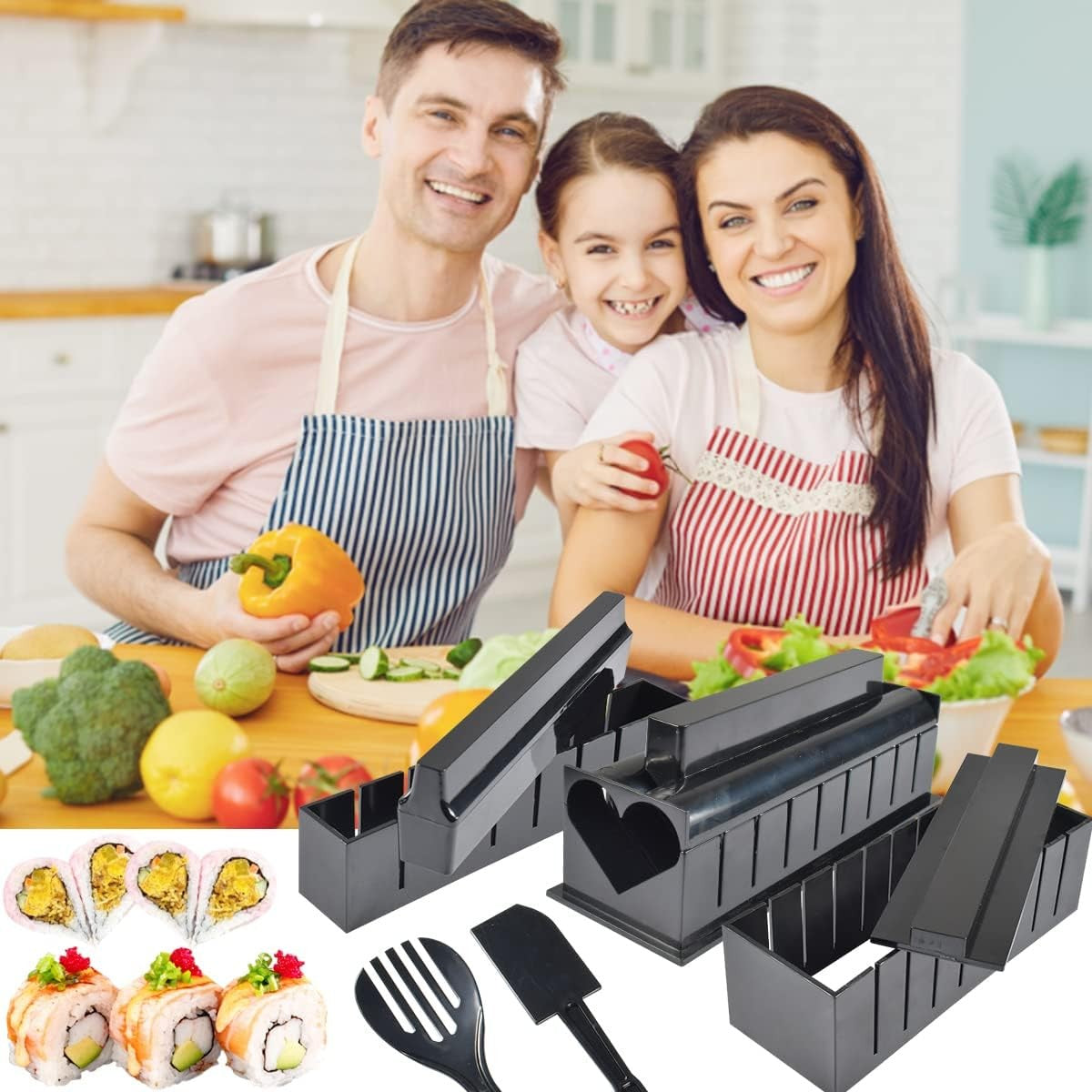 Set ustensile pentru facut sushi Flippy, 10 piese, forma inima inclus, 3 forme clasice, extensibil, finisaj lucios, material ABS, curatare usoara, negru-3