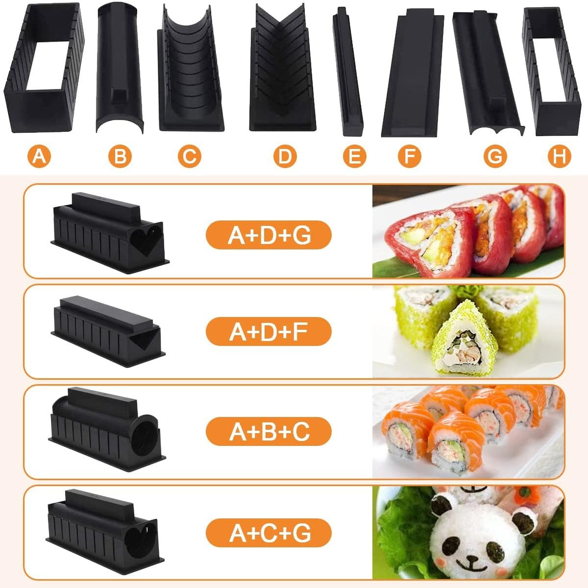 Set ustensile pentru facut sushi Flippy, 10 piese, forma inima inclus, 3 forme clasice, extensibil, finisaj lucios, material ABS, curatare usoara, negru-4
