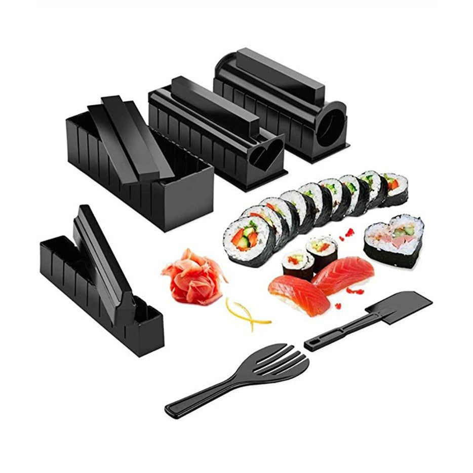 Set ustensile pentru facut sushi Flippy, 10 piese, forma inima inclus, 3 forme clasice, extensibil, finisaj lucios, material ABS, curatare usoara, negru-6