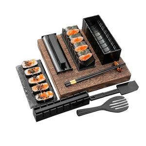 Set ustensile pentru facut sushi Flippy, 10 piese, forma inima inclus, 3 forme clasice, extensibil, finisaj lucios, material ABS, curatare usoara, negru-0