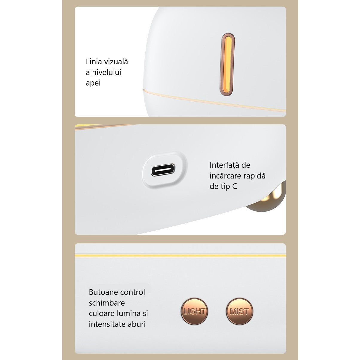 Umidificator de tip flacara, Flippy, cu aromaterapie, 7 culori, 250 ml, alb-6