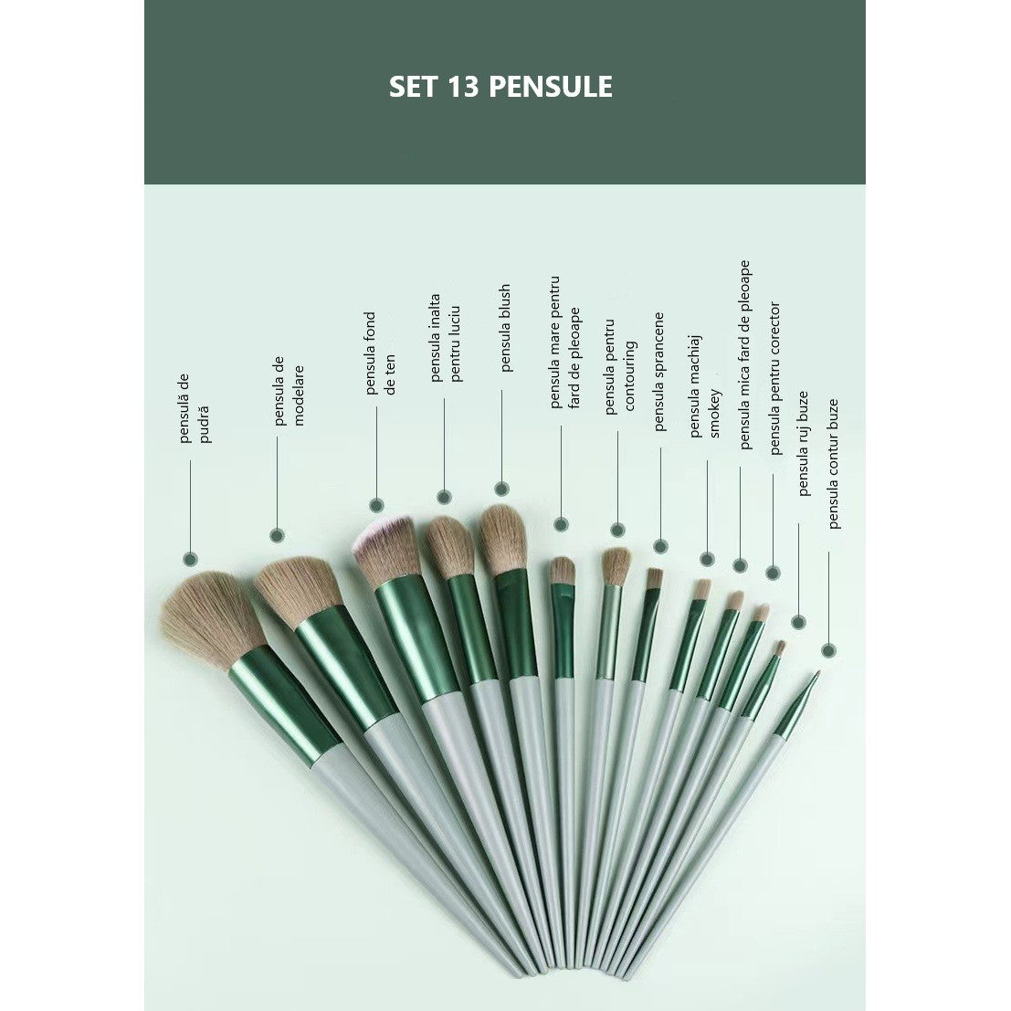 Set 13 pensule pentru machiaj, Flippy, super soft, makeup profesional/incepatori, verde-5