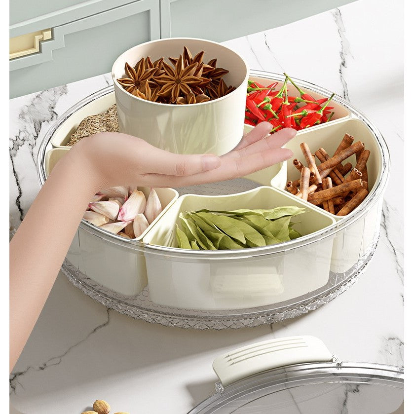 Cutie de Depozitare pentru Alimente, Flippy, cu 6 Compartimente, pentru Condimente, Fructe, Legume, cu Manere de Prindere, Rotativa 360 de Grade, Inchidere Ermetica, 32x10 cm, Alba-16
