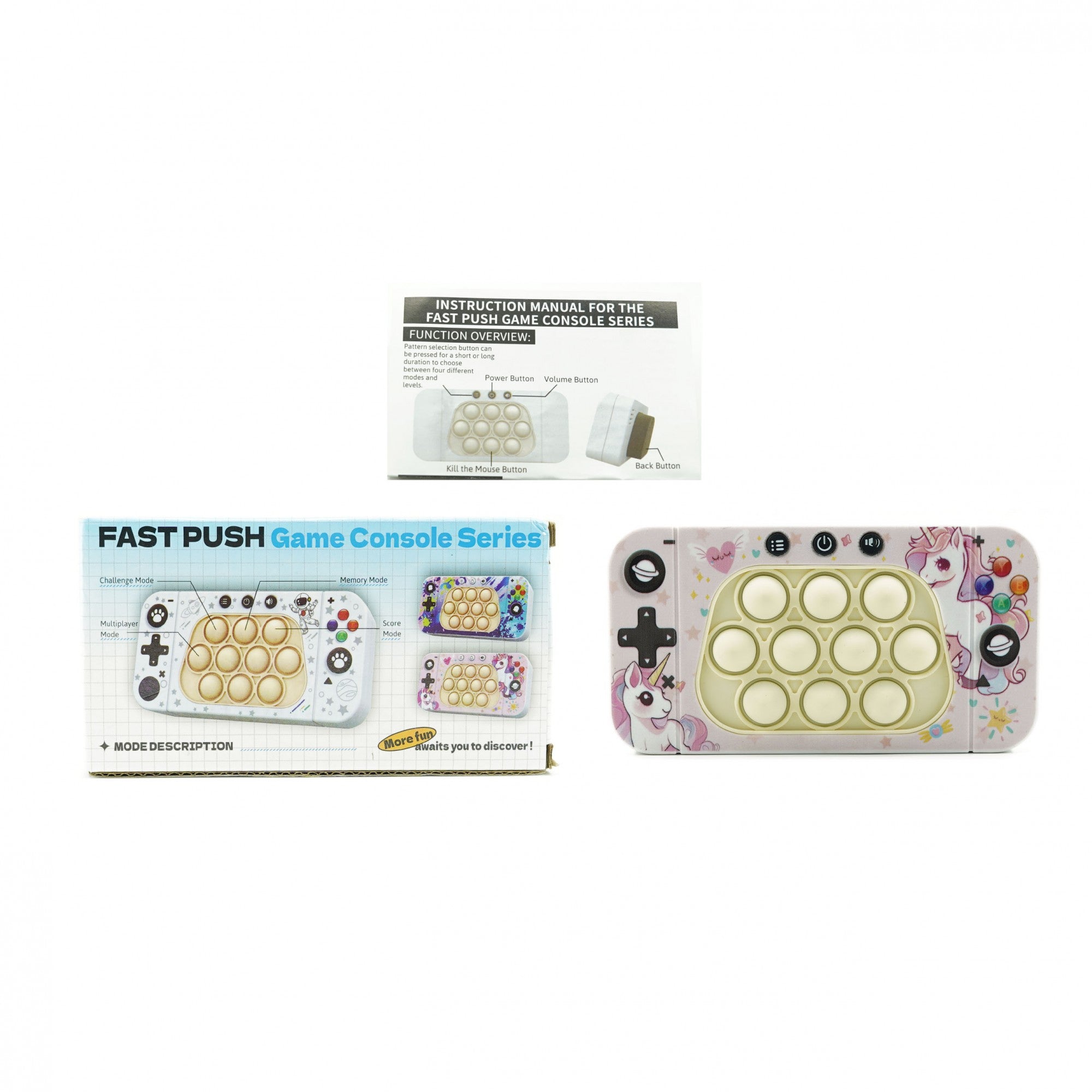 Jucarie interactiva tip consola pentru copii Flippy, speed push whack-a-mole, joc de viteza pop it, material ABS/silicon, cu nivele, sunete si lumini, 15.5 x 7.6 x 5.3 cm, model unicorn, roz-1