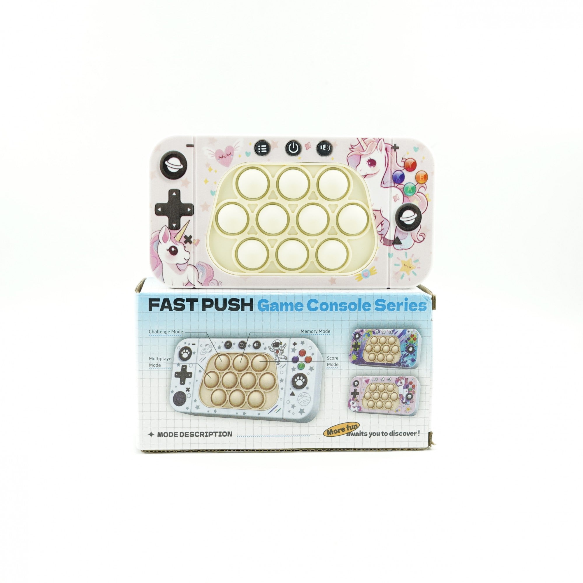 Jucarie interactiva tip consola pentru copii Flippy, speed push whack-a-mole, joc de viteza pop it, material ABS/silicon, cu nivele, sunete si lumini, 15.5 x 7.6 x 5.3 cm, model unicorn, roz-2