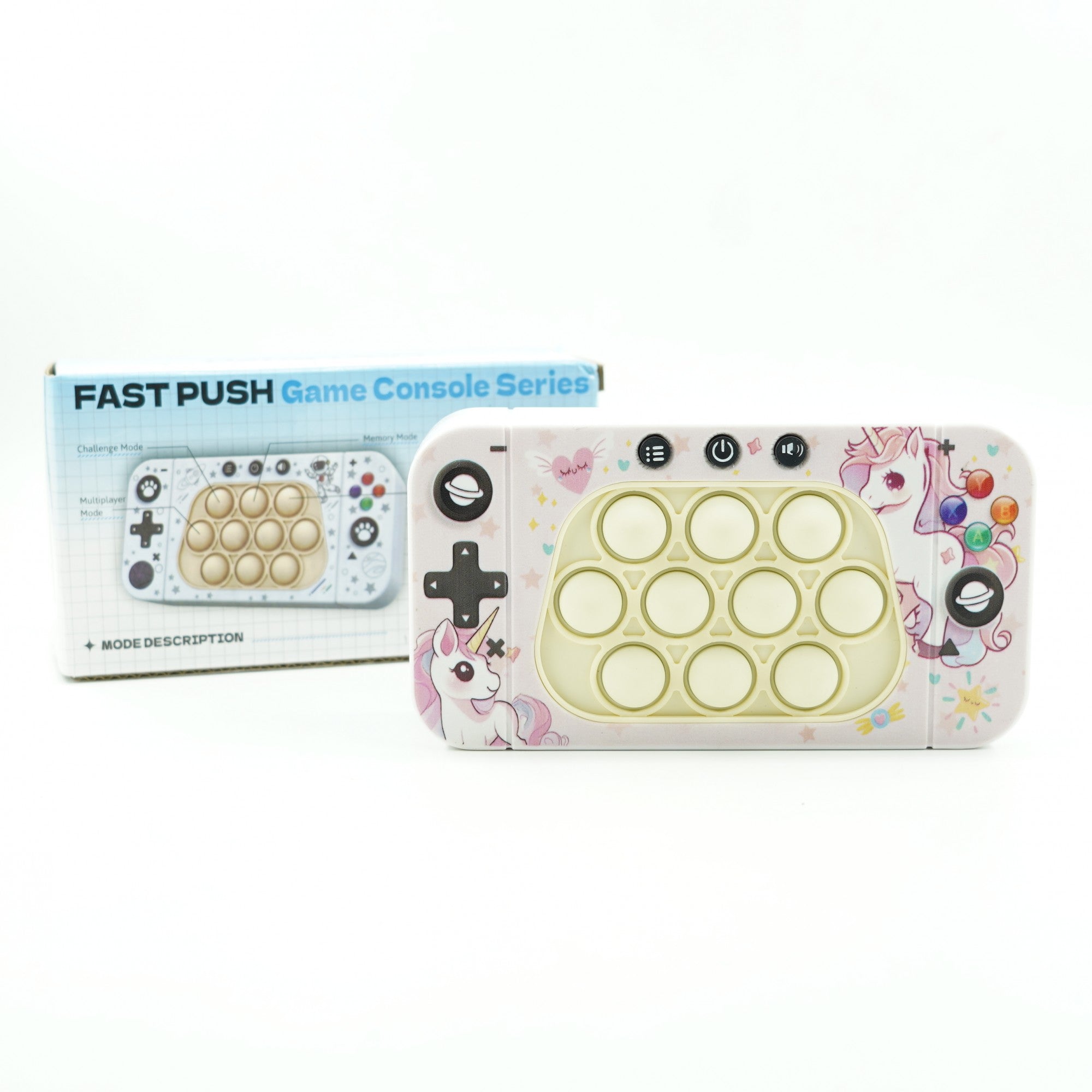 Jucarie interactiva tip consola pentru copii Flippy, speed push whack-a-mole, joc de viteza pop it, material ABS/silicon, cu nivele, sunete si lumini, 15.5 x 7.6 x 5.3 cm, model unicorn, roz-3