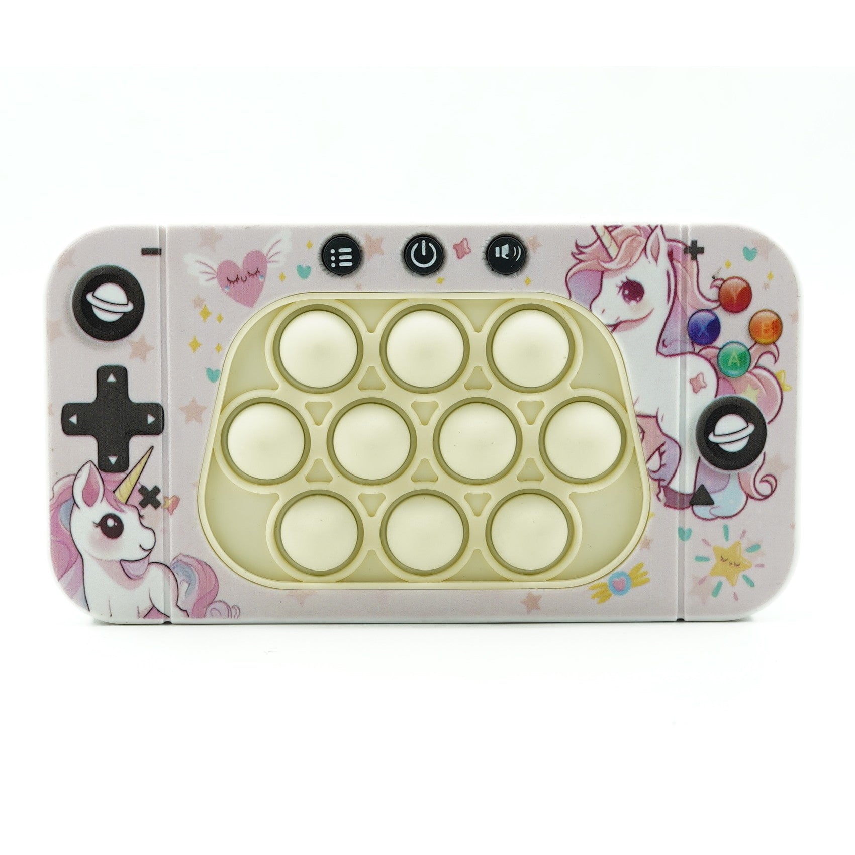Jucarie interactiva tip consola pentru copii Flippy, speed push whack-a-mole, joc de viteza pop it, material ABS/silicon, cu nivele, sunete si lumini, 15.5 x 7.6 x 5.3 cm, model unicorn, roz-0