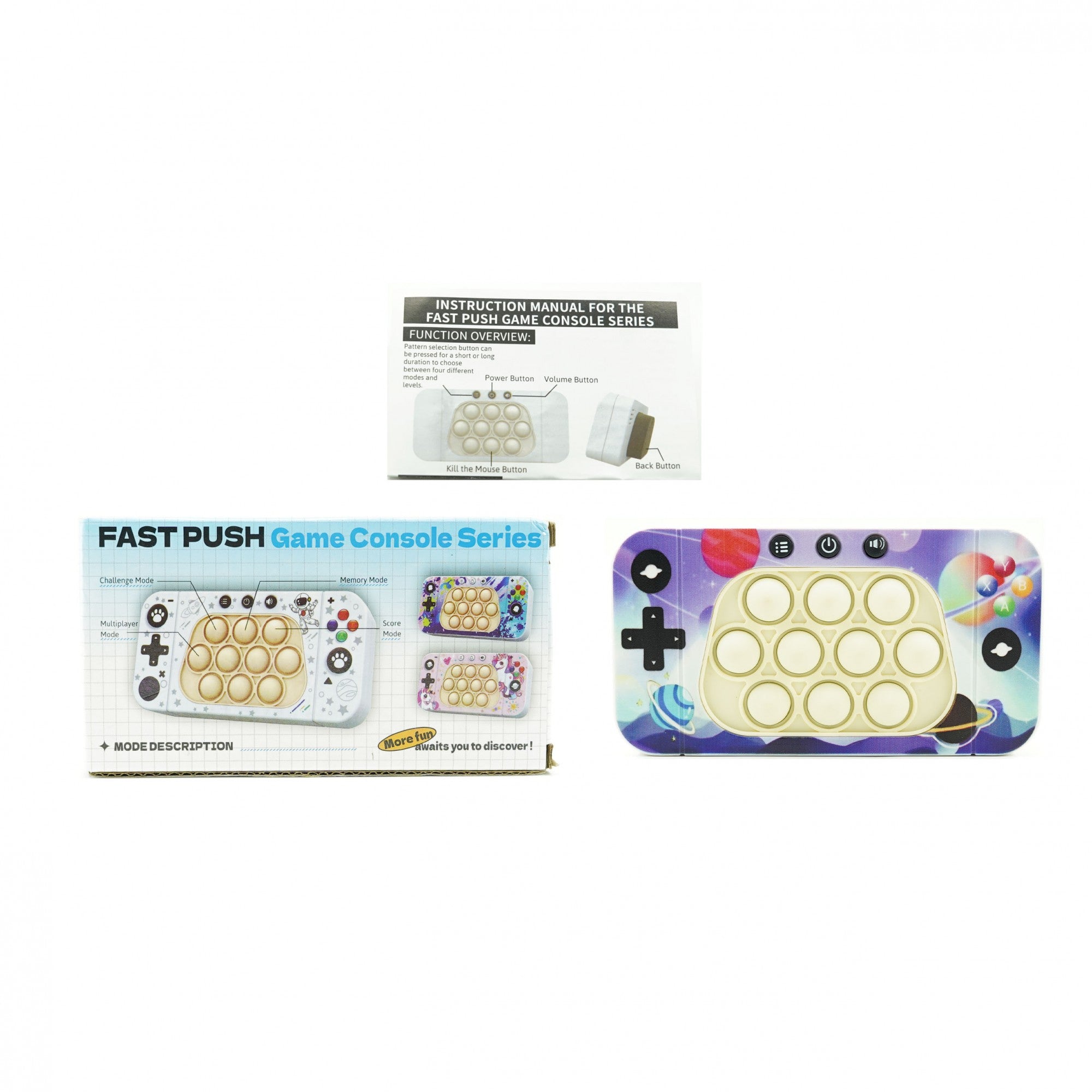 Jucarie interactiva tip consola pentru copii Flippy, speed push whack-a-mole, joc de viteza pop it, material ABS/silicon, cu nivele, sunete si lumini, 15.5 x 7.6 x 5.3 cm, model spatiu, multicolor-1