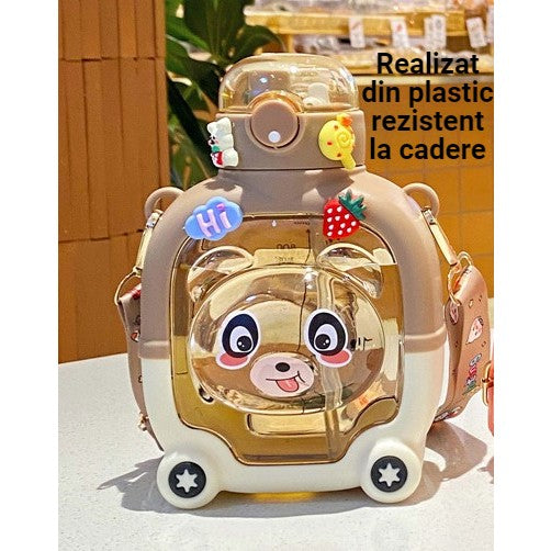 Sticla cu pai pentru copii, Flippy, model ursulet, gradata, stickere aplicate, curea reglabila, din plastic rezistent la cadere, 1l, Maro, 20 x 13 cm-3