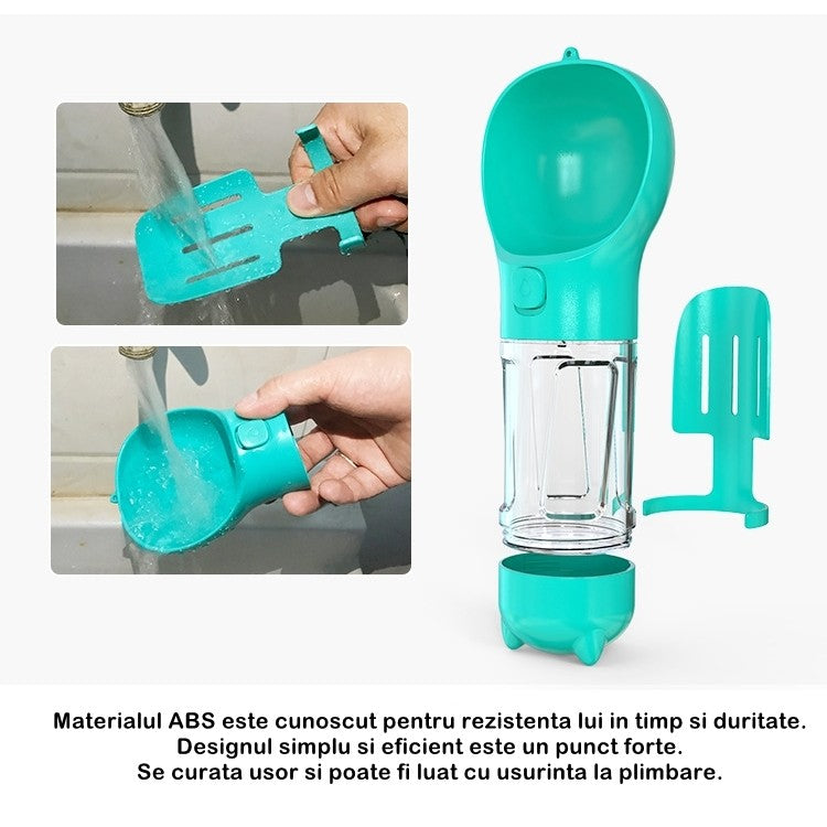 Sticla portabila 4 in 1 Flippy, pentru caini si pisici, cu 3 compartimente + lopetica, 300ml, apa, hrana, pungi igienice, lopetica, 26.7 x 9.7 x 9.4 cm, turcoaz-2