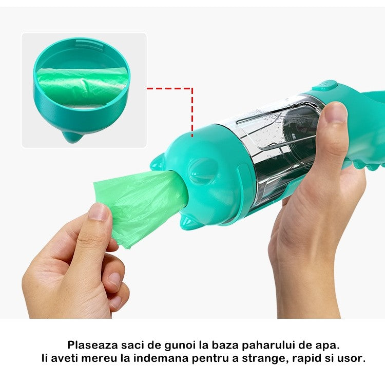 Sticla portabila 4 in 1 Flippy, pentru caini si pisici, cu 3 compartimente + lopetica, 300ml, apa, hrana, pungi igienice, lopetica, 26.7 x 9.7 x 9.4 cm, turcoaz-3