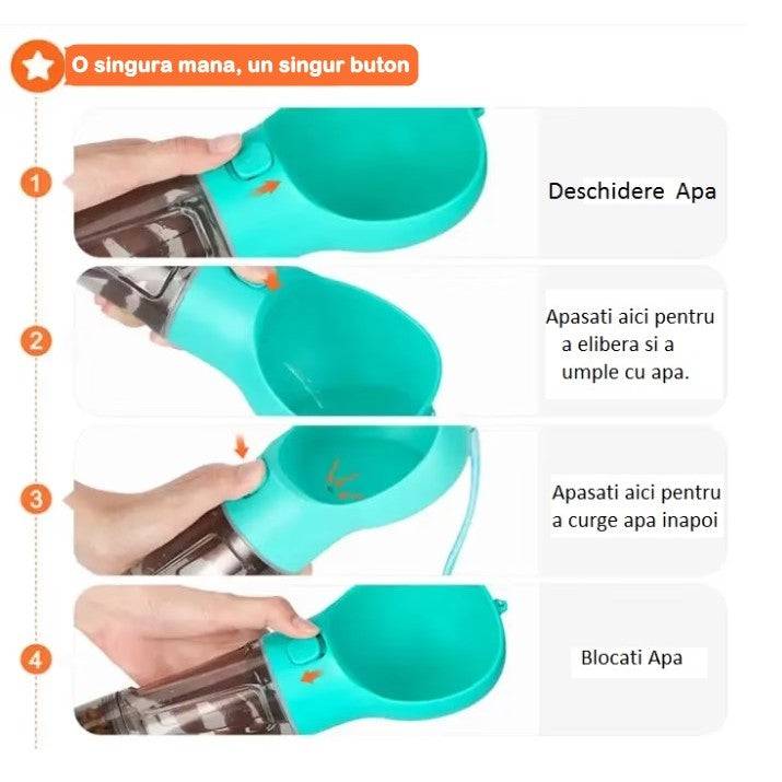 Sticla portabila 4 in 1 Flippy, pentru caini si pisici, cu 3 compartimente + lopetica, 300ml, apa, hrana, pungi igienice, lopetica, 26.7 x 9.7 x 9.4 cm, turcoaz-4