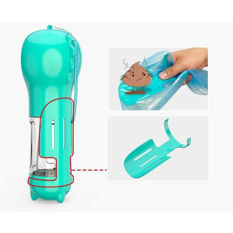 Sticla portabila 4 in 1 Flippy, pentru caini si pisici, cu 3 compartimente + lopetica, 300ml, apa, hrana, pungi igienice, lopetica, 26.7 x 9.7 x 9.4 cm, turcoaz-9