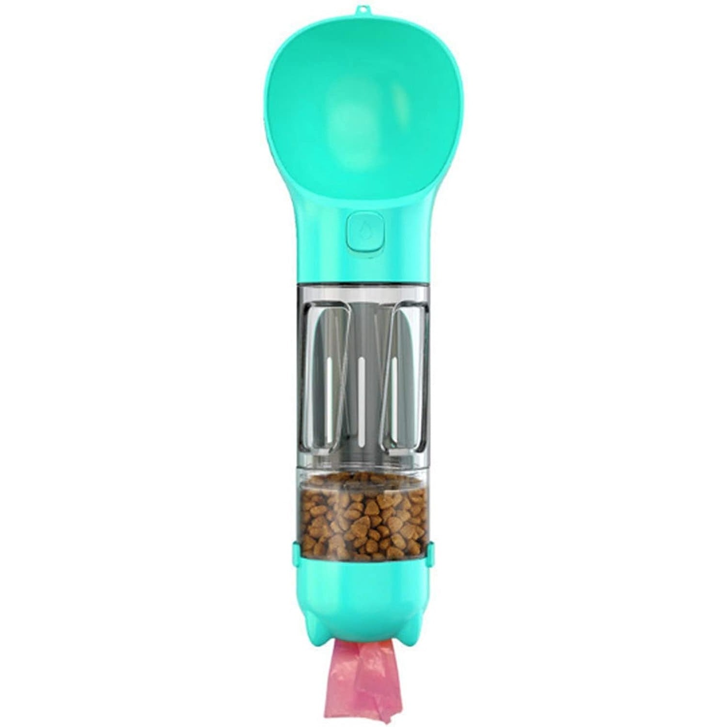 Sticla portabila 4 in 1 Flippy, pentru caini si pisici, cu 3 compartimente + lopetica, 300ml, apa, hrana, pungi igienice, lopetica, 26.7 x 9.7 x 9.4 cm, turcoaz-0