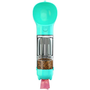 Sticla portabila 4 in 1 Flippy, pentru caini si pisici, cu 3 compartimente + lopetica, 300ml, apa, hrana, pungi igienice, lopetica, 26.7 x 9.7 x 9.4 cm, turcoaz-0
