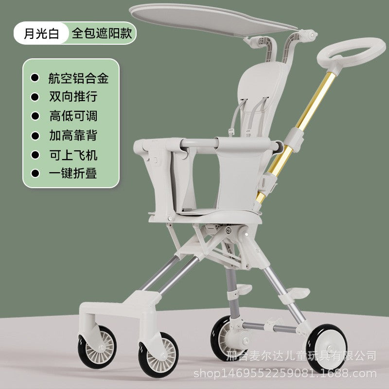 Stroller lightweight foldable two-way baby infant 1 to 3 years old children high landscape stroller - color: white + cushion + sunshade-0