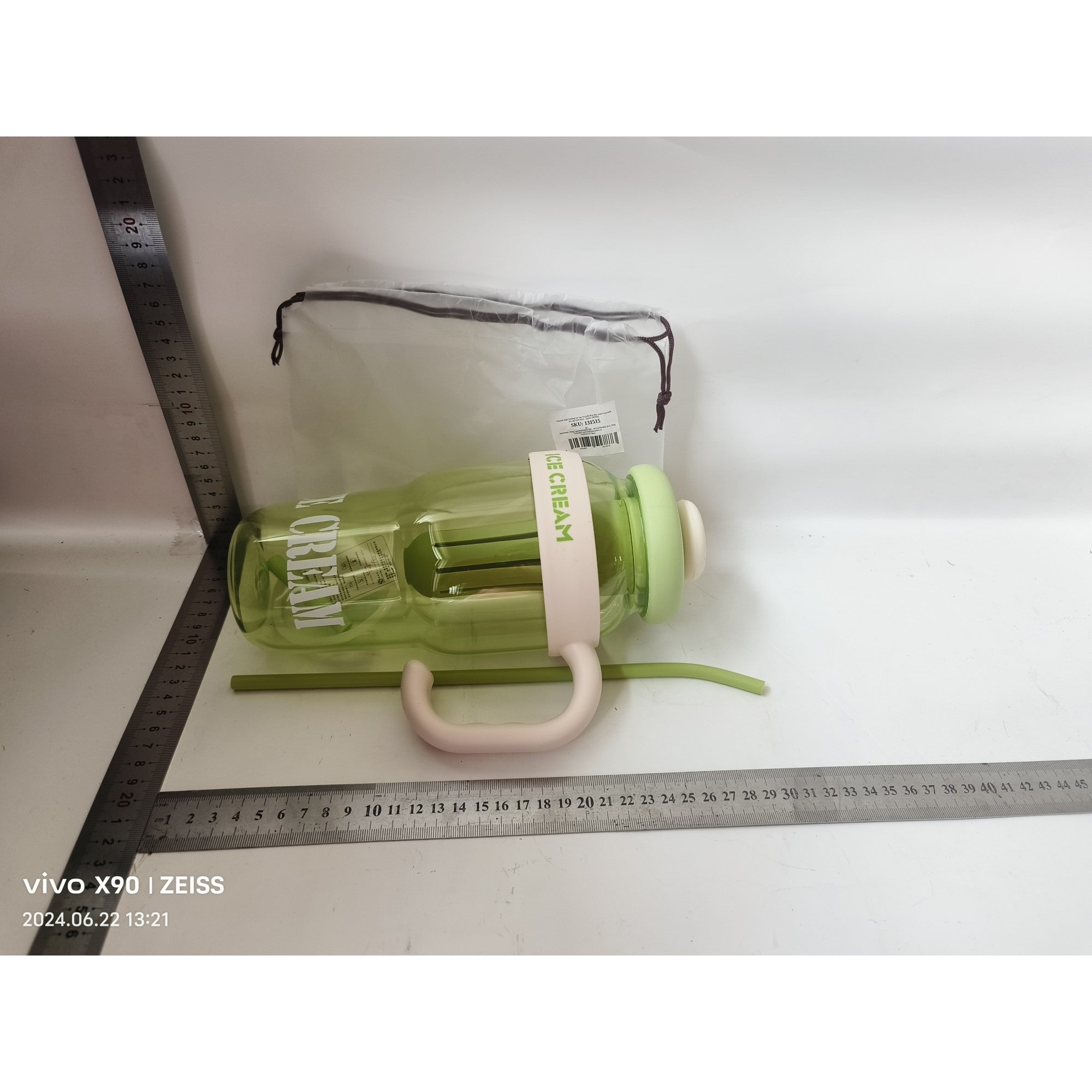 Sticla de Apa, Flippy, Transparenta, 1400 mL, cu Pai si Capac, Verde-1