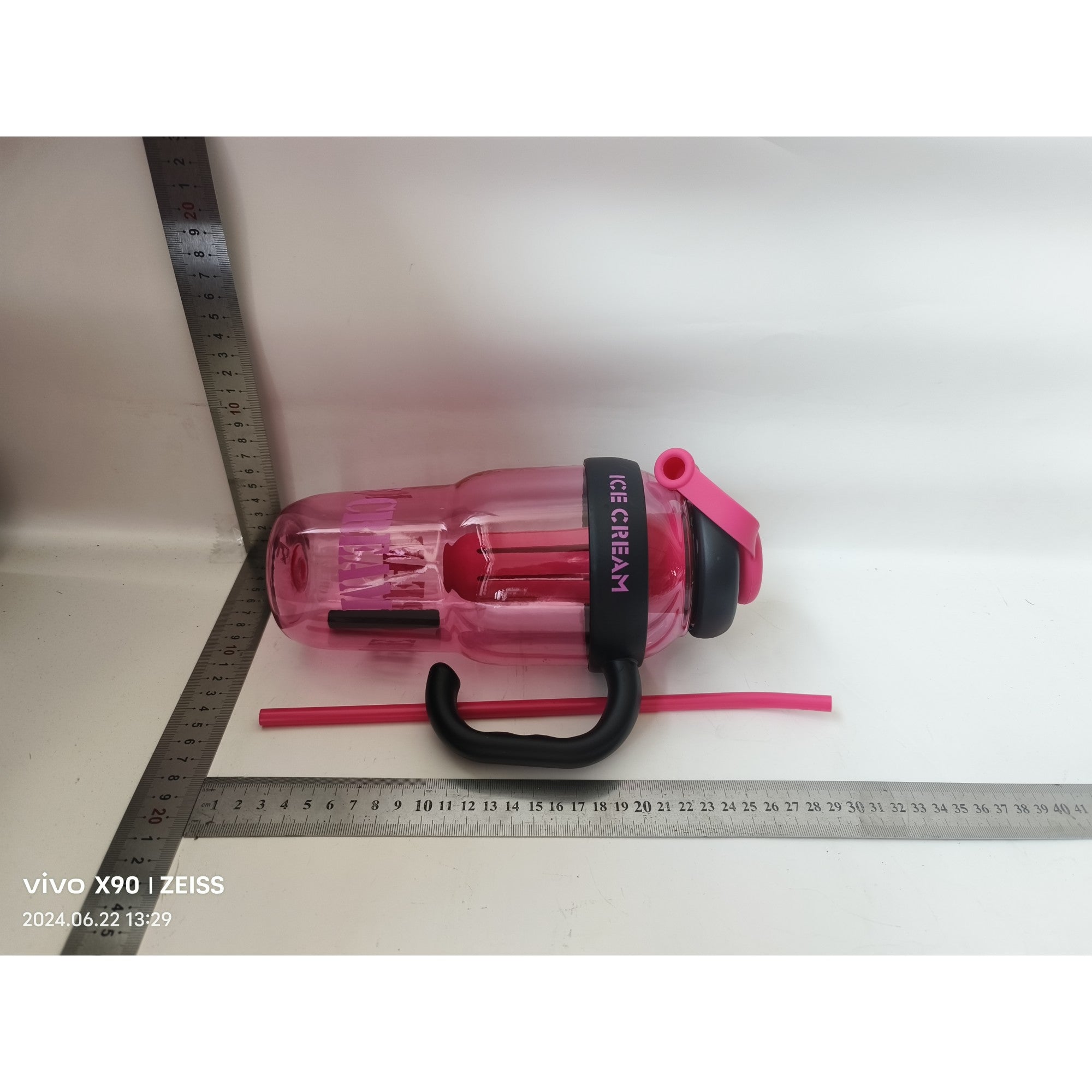 Sticla de Apa, Flippy, Transparenta, 1400 mL, cu Pai si Capac, Roz Inchis-1