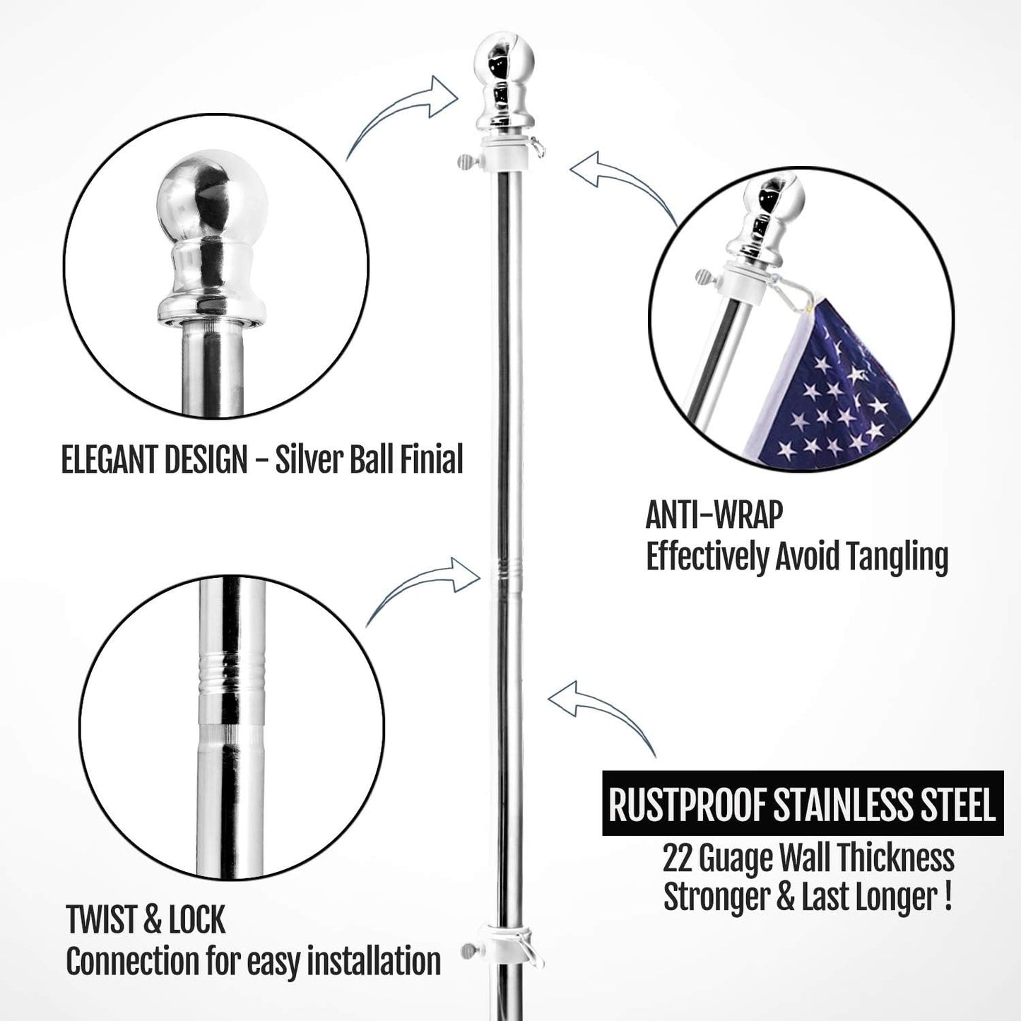 Suport de Steag, Flippy, 180 cm, Argintiu-3