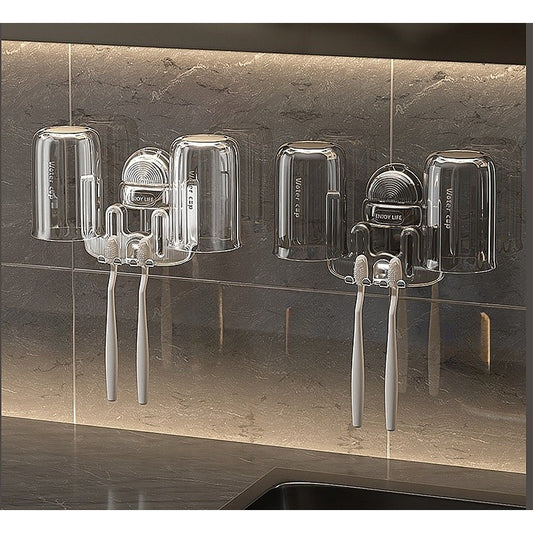 Suport Multifunctional Dublu, Pahar si Suport pentru Periuta de Dinti, Flippy, Plastic, 11 cm x 11.5 cm, Transparent-1