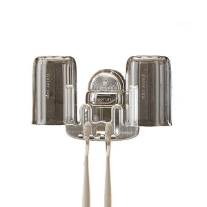 Suport Multifunctional Dublu, Pahar si Suport pentru Periuta de Dinti, Flippy, Plastic, 11 cm x 11.5 cm, Transparent-0