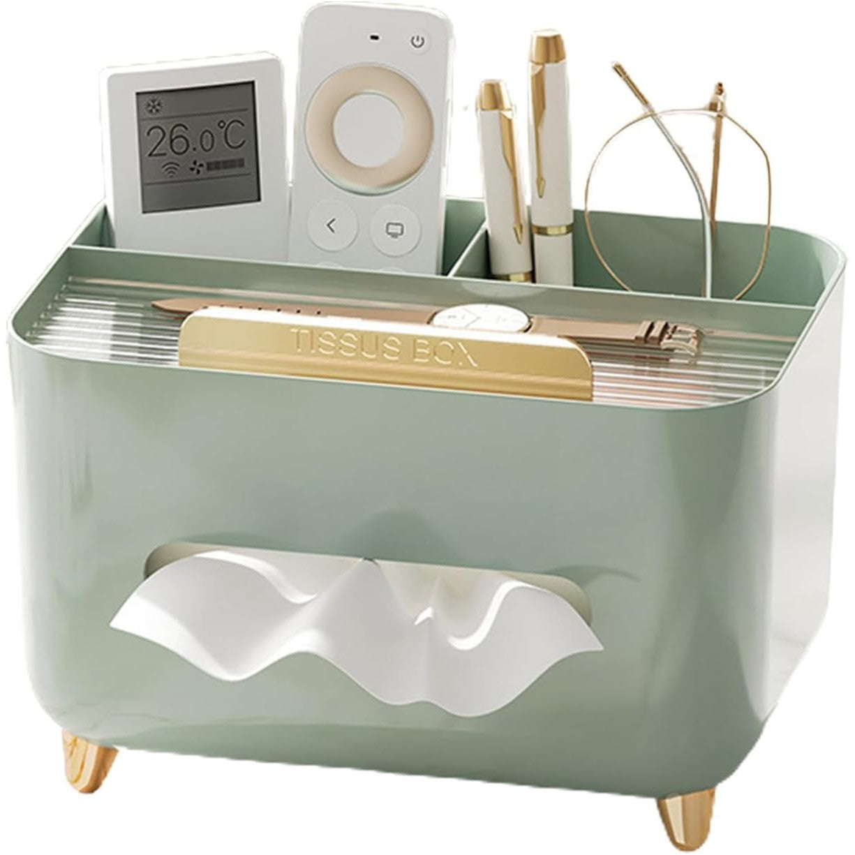 Suport pentru Servetele, Flippy, Cutie Multifunctionala, Design Minimalist, ABS, cu Suport pentru Obiectele Personale, pentru Birou, 21x15x13 cm, Verde-2