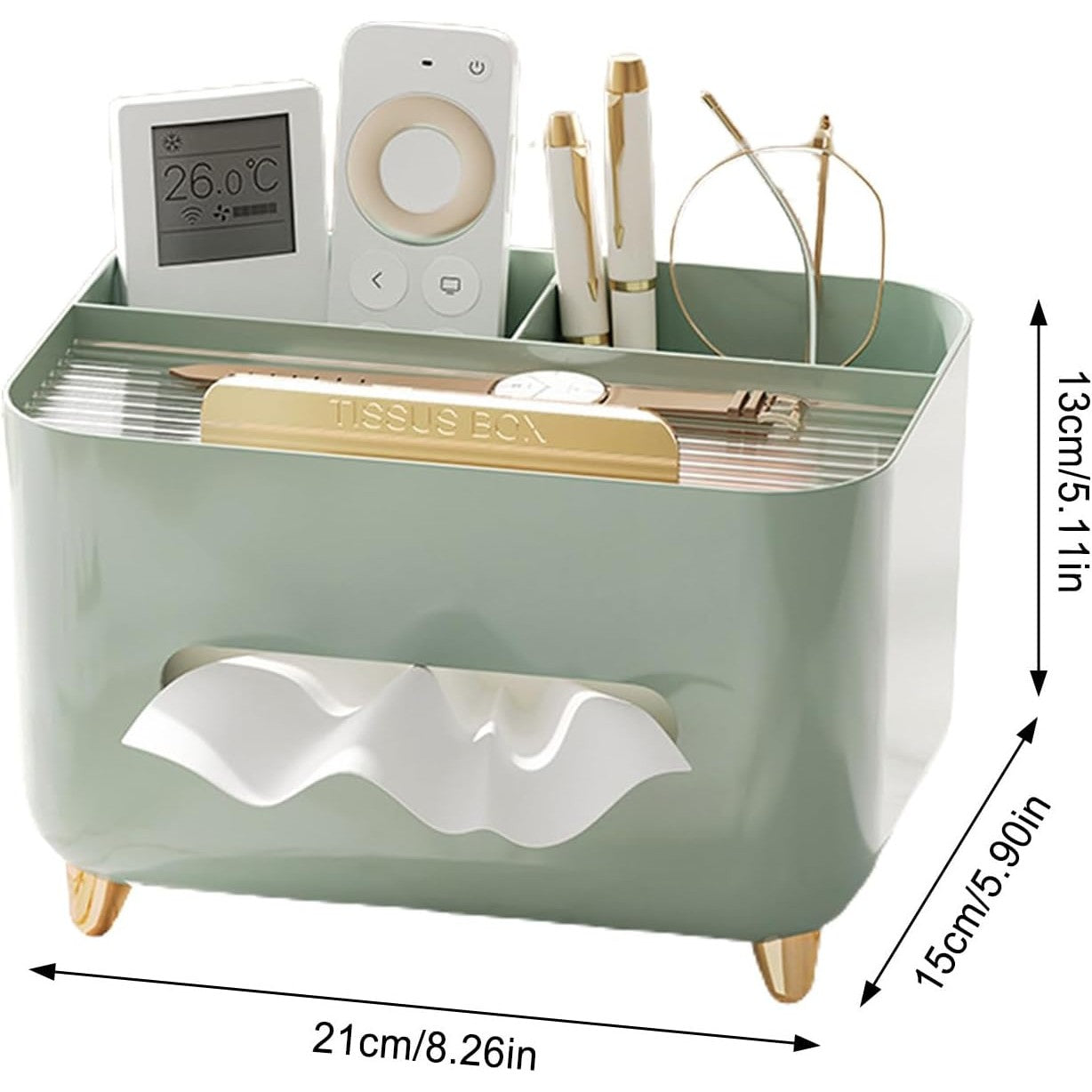 Suport pentru Servetele, Flippy, Cutie Multifunctionala, Design Minimalist, ABS, cu Suport pentru Obiectele Personale, pentru Birou, 21x15x13 cm, Verde-3