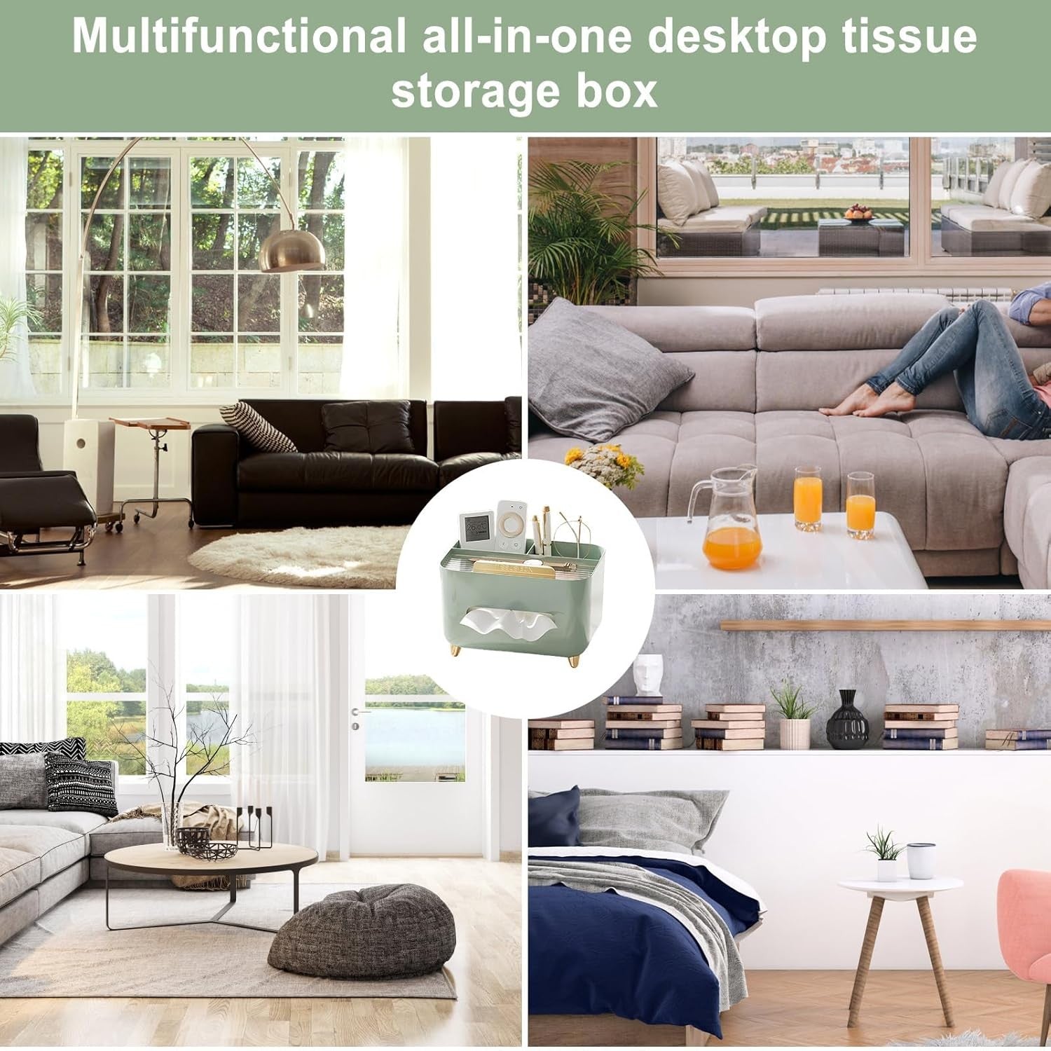 Suport pentru Servetele, Flippy, Cutie Multifunctionala, Design Minimalist, ABS, cu Suport pentru Obiectele Personale, pentru Birou, 21x15x13 cm, Verde-4