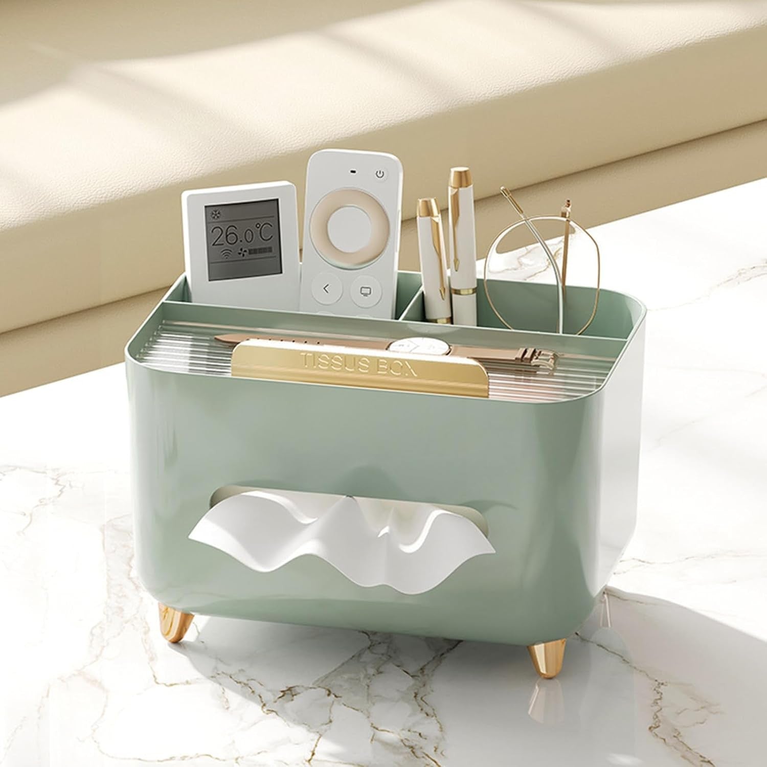 Suport pentru Servetele, Flippy, Cutie Multifunctionala, Design Minimalist, ABS, cu Suport pentru Obiectele Personale, pentru Birou, 21x15x13 cm, Verde-5