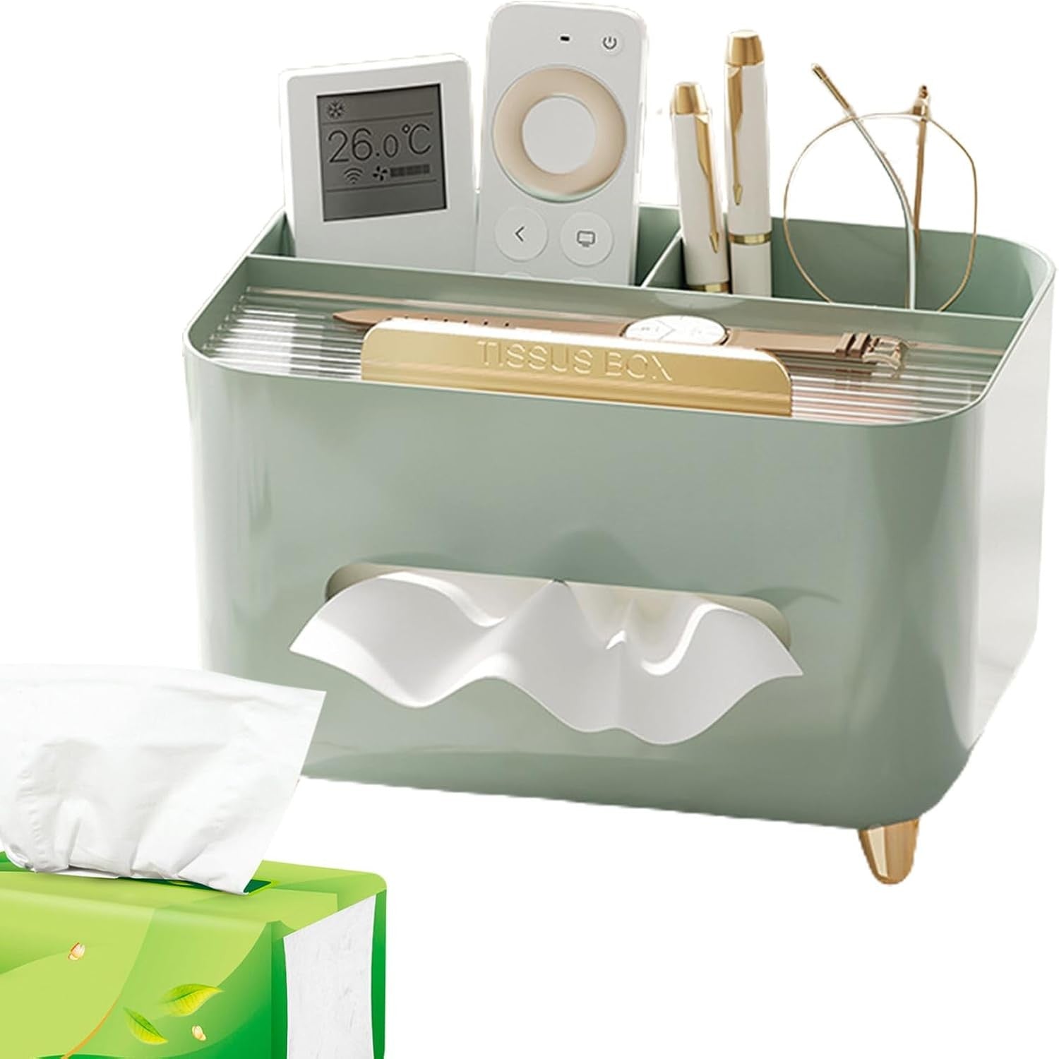 Suport pentru Servetele, Flippy, Cutie Multifunctionala, Design Minimalist, ABS, cu Suport pentru Obiectele Personale, pentru Birou, 21x15x13 cm, Verde-7