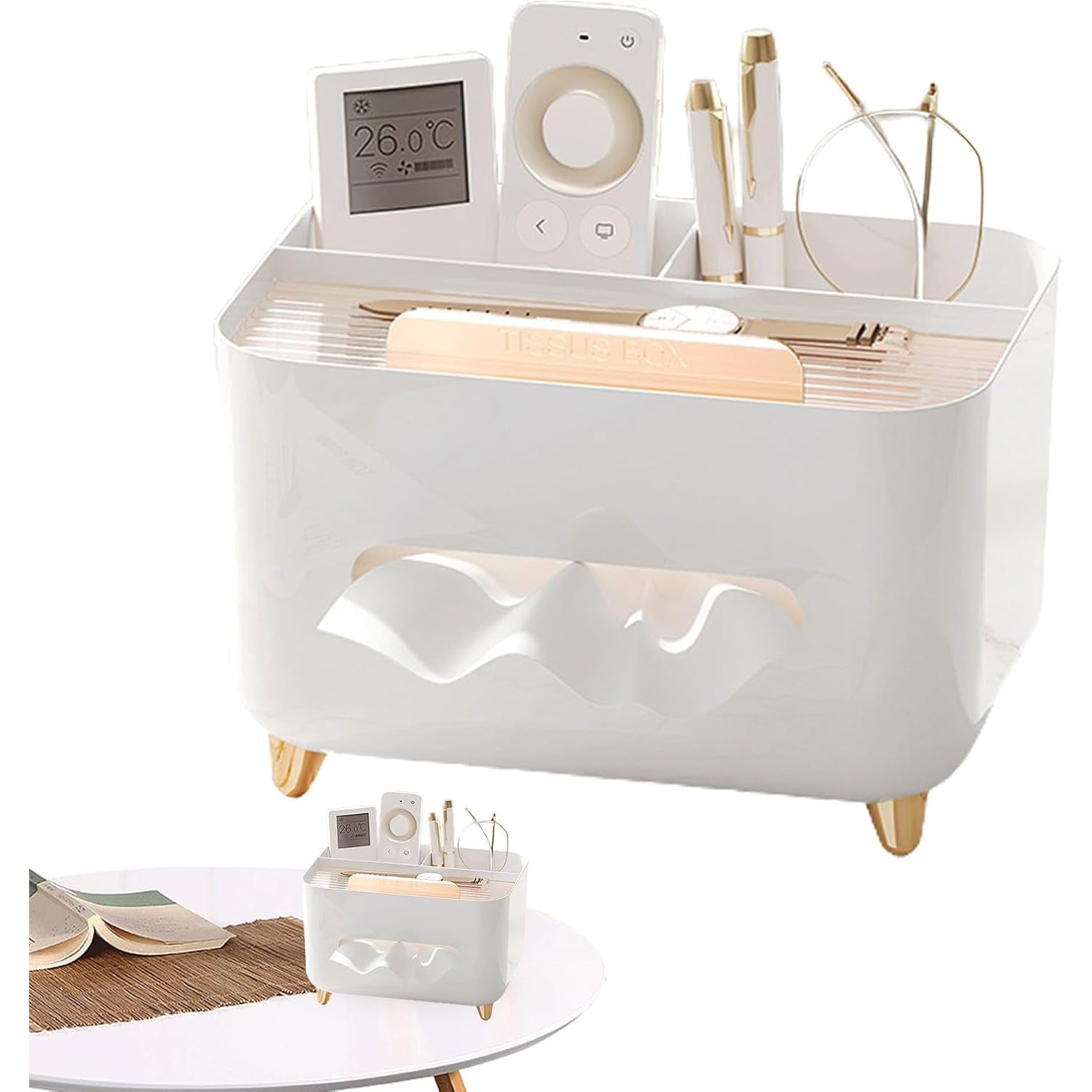 Suport pentru Servetele, Flippy, Cutie Multifunctionala, Design Minimalist, ABS, cu Suport pentru Obiectele Personale, pentru Birou, 21x15x13 cm, Alb-1