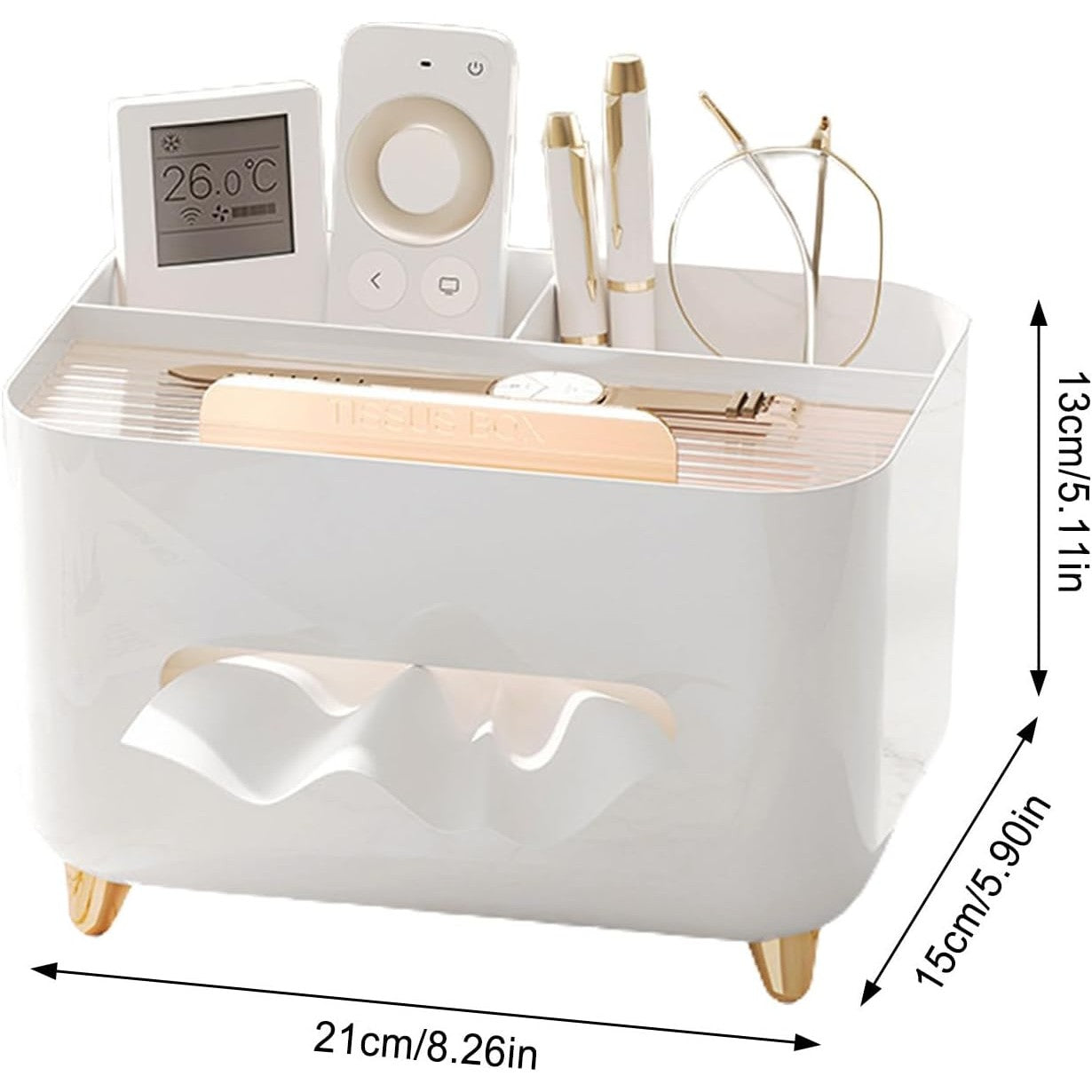 Suport pentru Servetele, Flippy, Cutie Multifunctionala, Design Minimalist, ABS, cu Suport pentru Obiectele Personale, pentru Birou, 21x15x13 cm, Alb-2