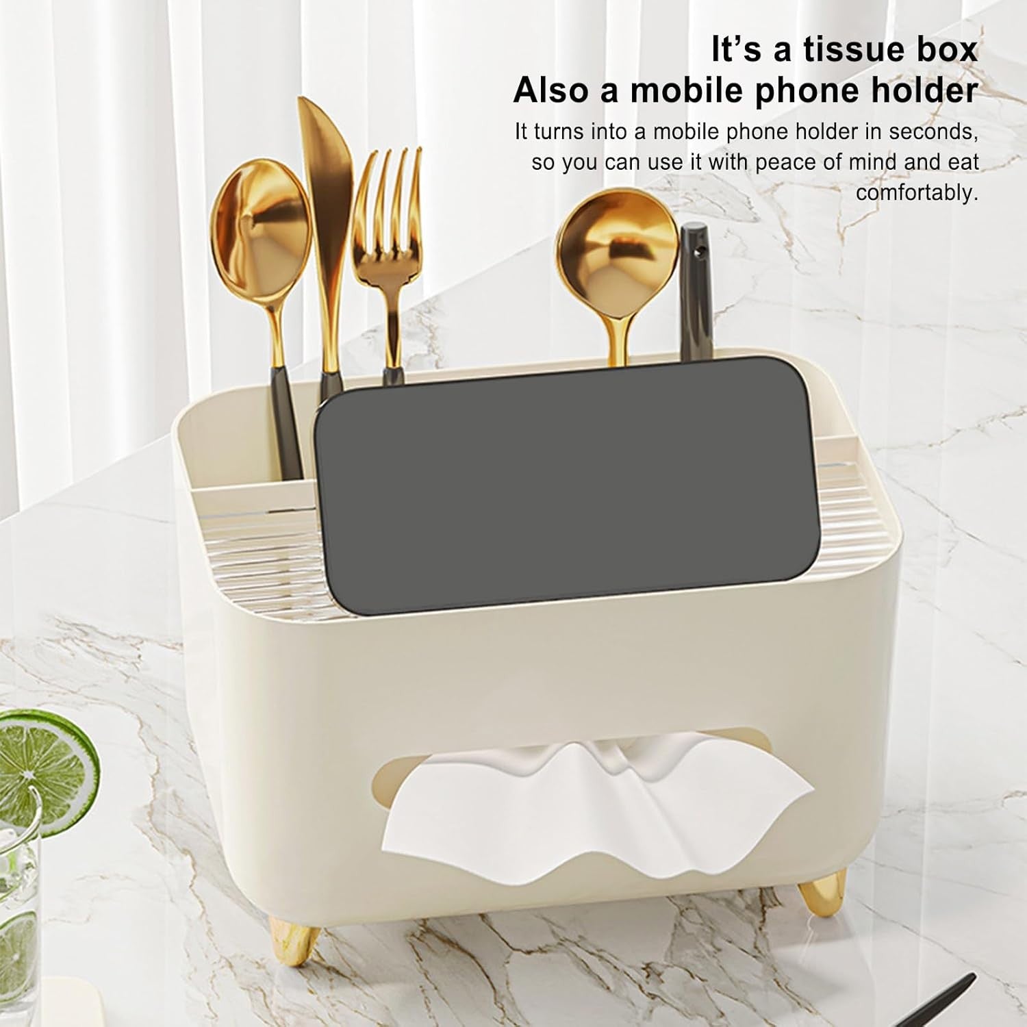 Suport pentru Servetele, Flippy, Cutie Multifunctionala, Design Minimalist, ABS, cu Suport pentru Obiectele Personale, pentru Birou, 21x15x13 cm, Crem-2