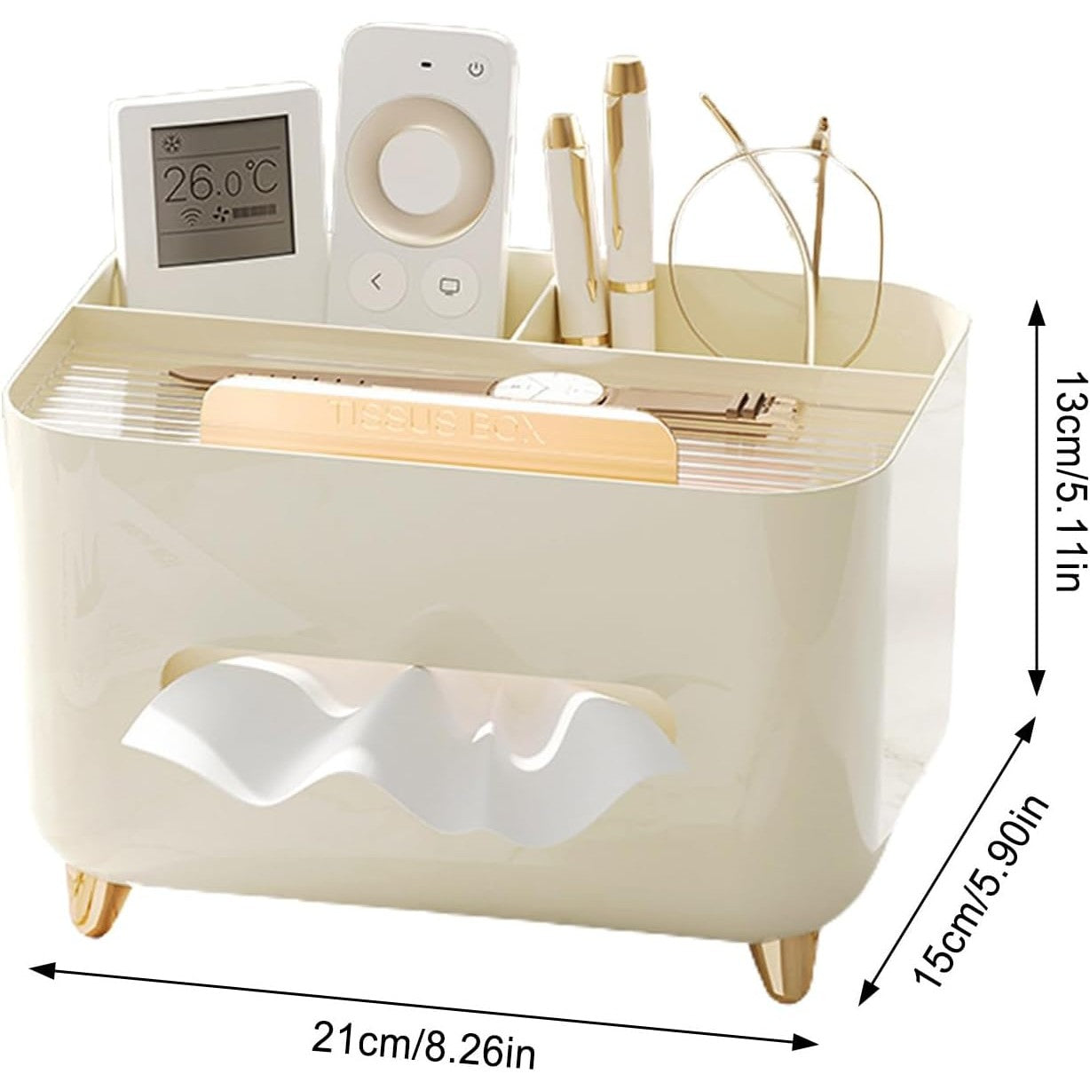 Suport pentru Servetele, Flippy, Cutie Multifunctionala, Design Minimalist, ABS, cu Suport pentru Obiectele Personale, pentru Birou, 21x15x13 cm, Crem-4