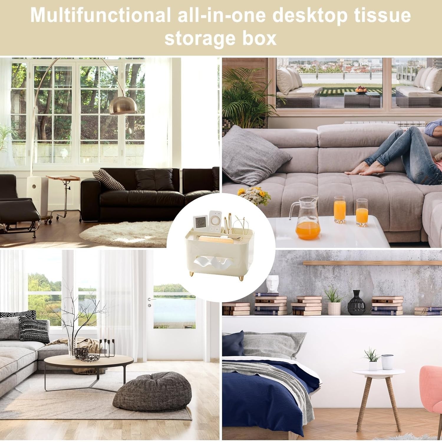 Suport pentru Servetele, Flippy, Cutie Multifunctionala, Design Minimalist, ABS, cu Suport pentru Obiectele Personale, pentru Birou, 21x15x13 cm, Crem-5