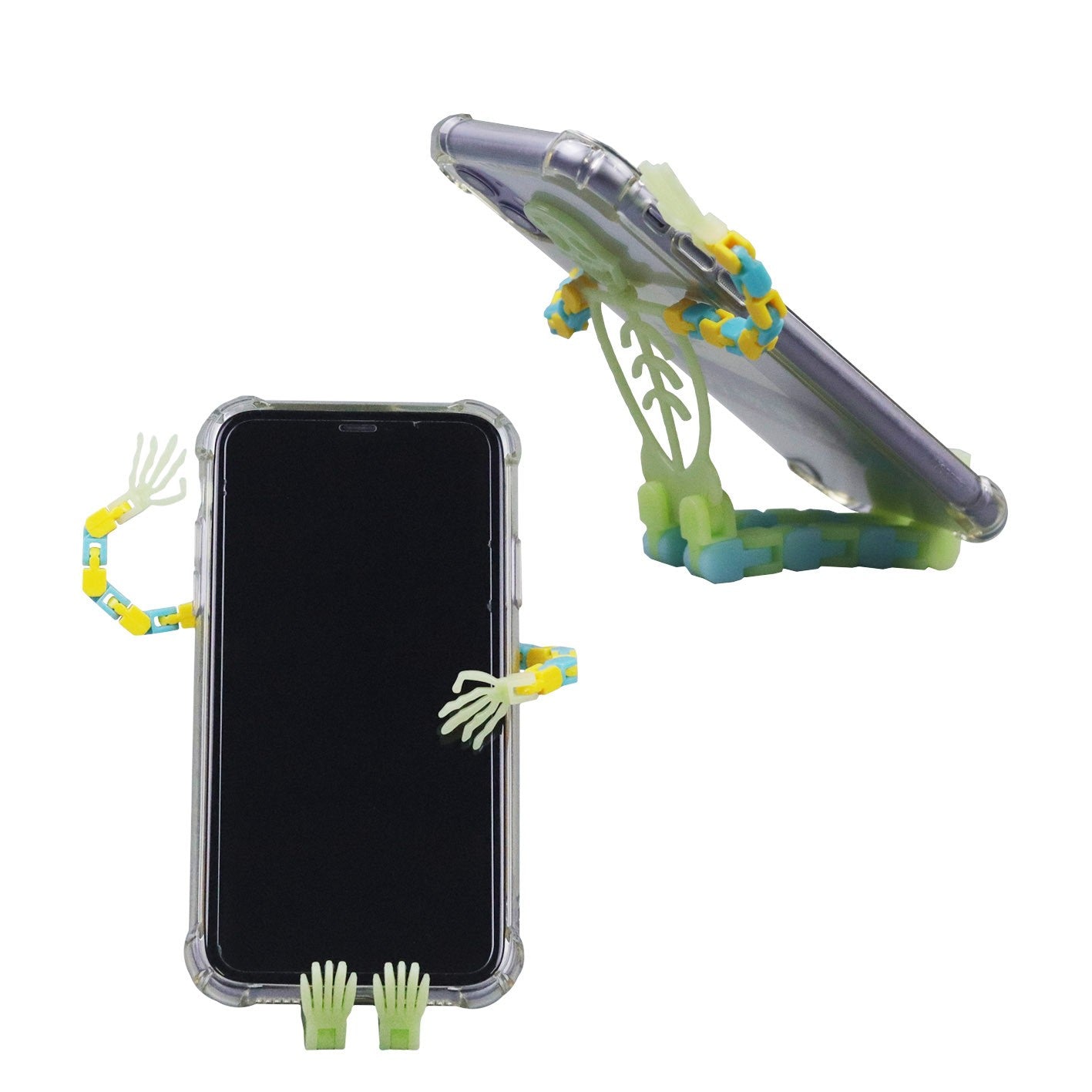Suport pentru telefon mobil, jucarie de decompresie pentru adulti, tip schelet luminos de Halloween, verde, lungime 17 cm-3