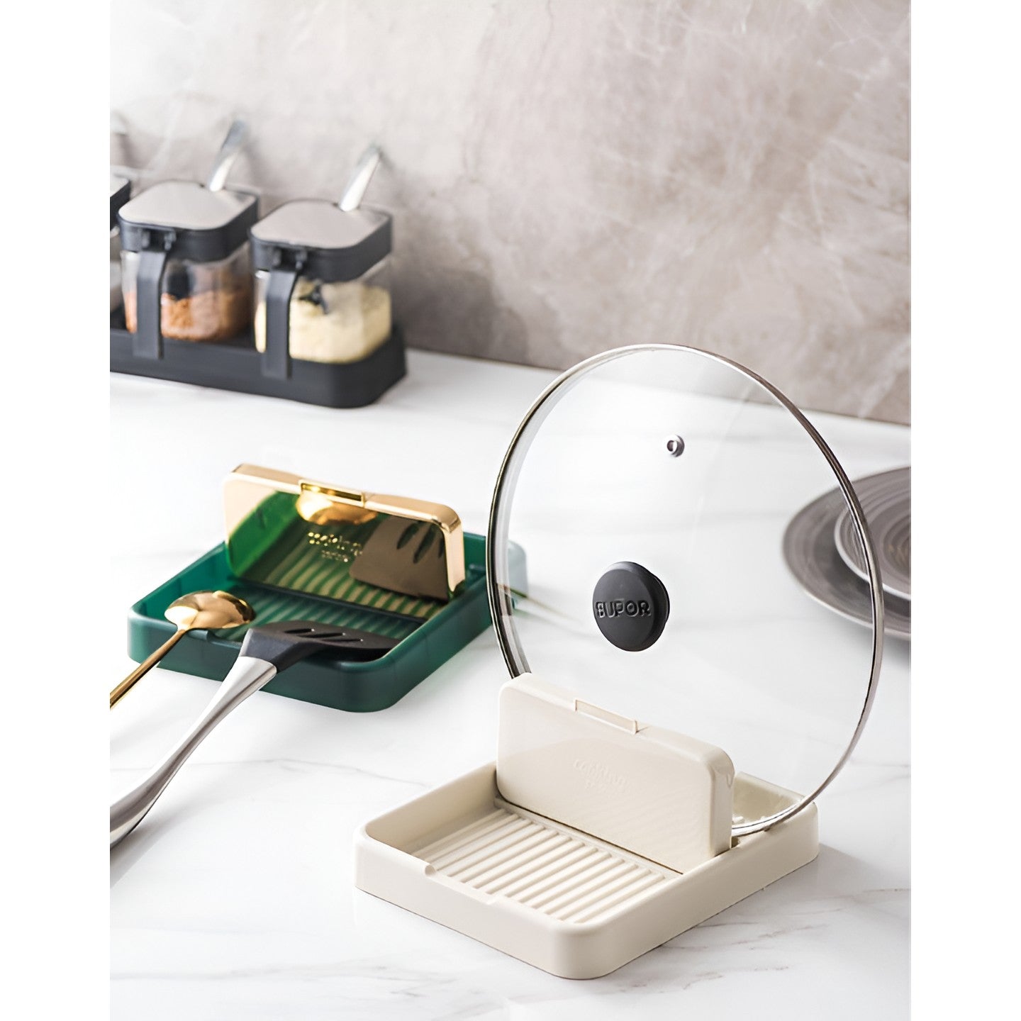 Suport Pliabil, Flippy, pentru Capace, Linguri, Multifunctional, Plasare pe Blatul de Bucatarie, 18.9x16.2x2.6 cm, Crem-2