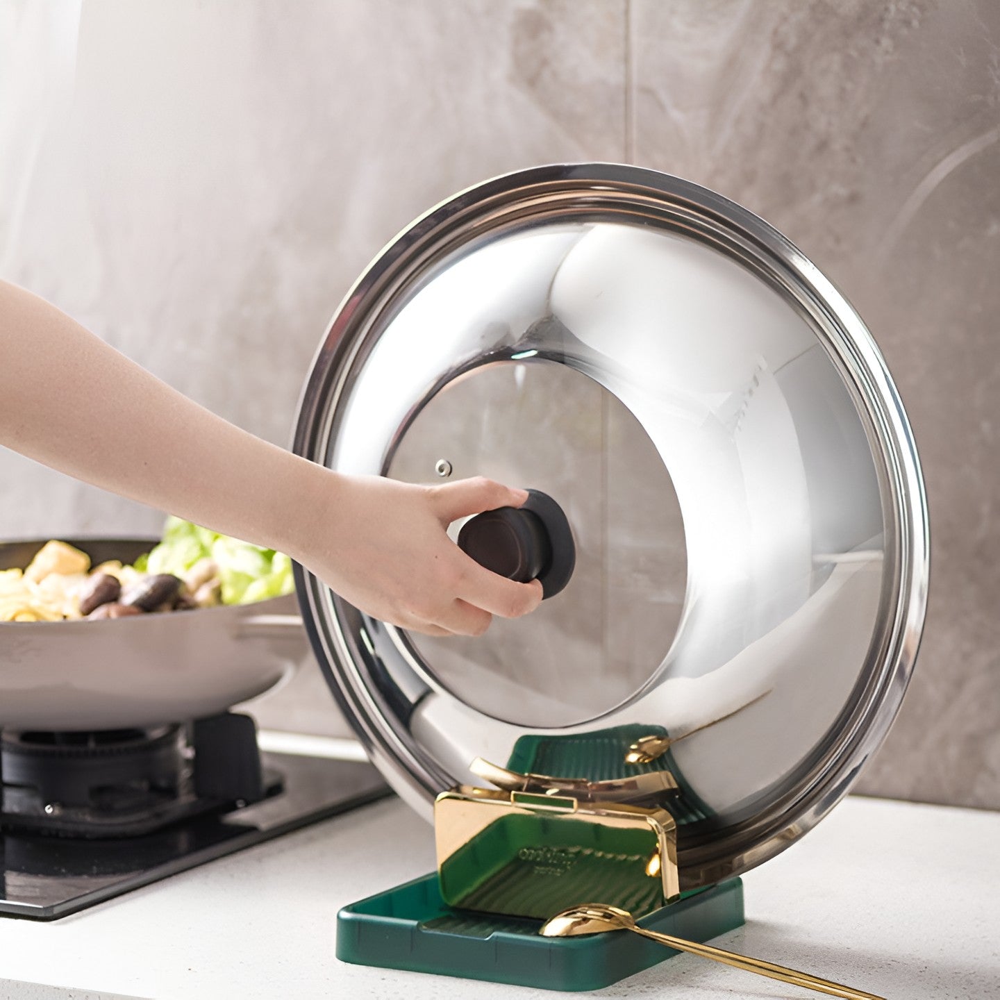 Suport Pliabil, Flippy, pentru Capace, Linguri, Multifunctional, Plasare pe Blatul de Bucatarie, 18.9x16.2x2.6 cm, Verde-9