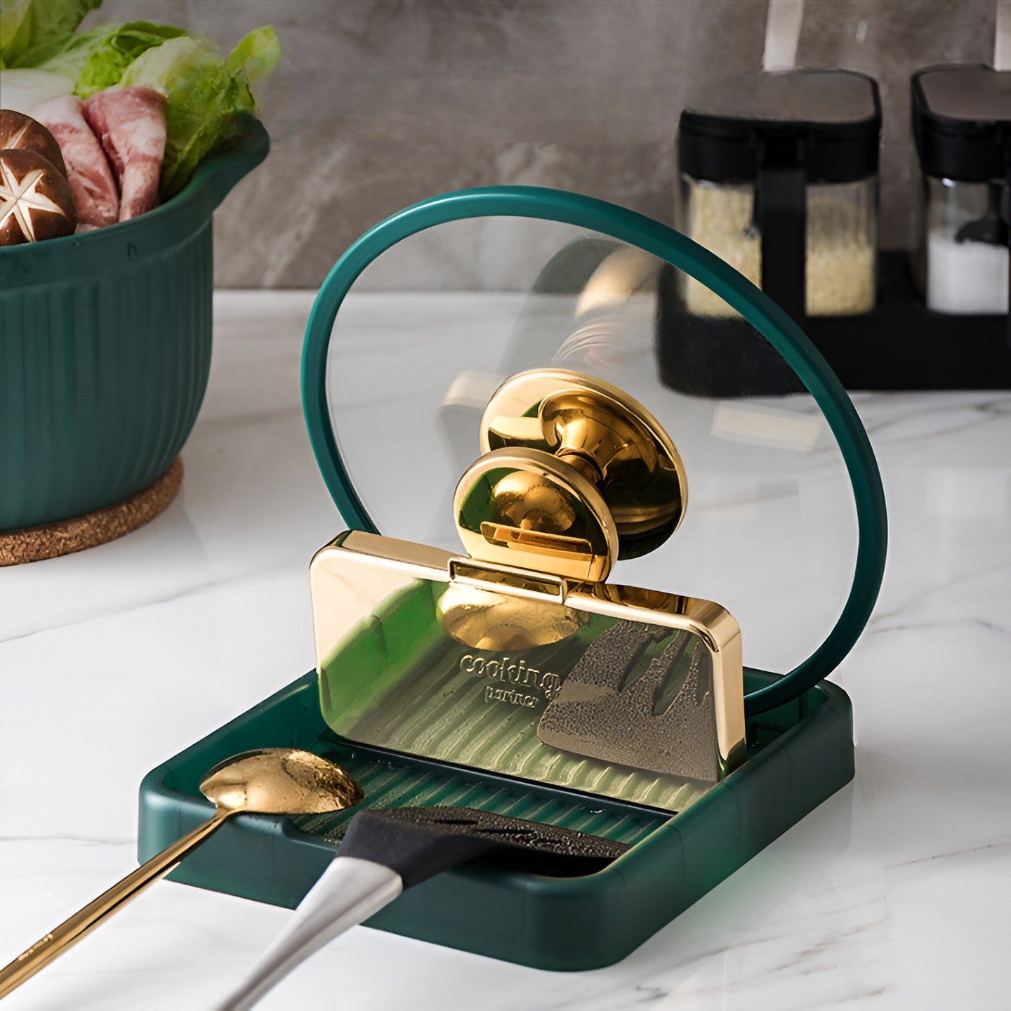 Suport Pliabil, Flippy, pentru Capace, Linguri, Multifunctional, Plasare pe Blatul de Bucatarie, 18.9x16.2x2.6 cm, Verde-11