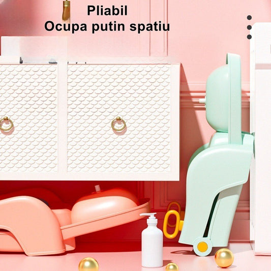 Suport Pliabil pentru Spalat Parul Flippy, Pentru Copii, cu Scurgere, cu Picioare Antialunecare, Material Polipropilena, Suport Cap Reglabil, cu Manere, 110 x 35 x 21 cm, Roz-1