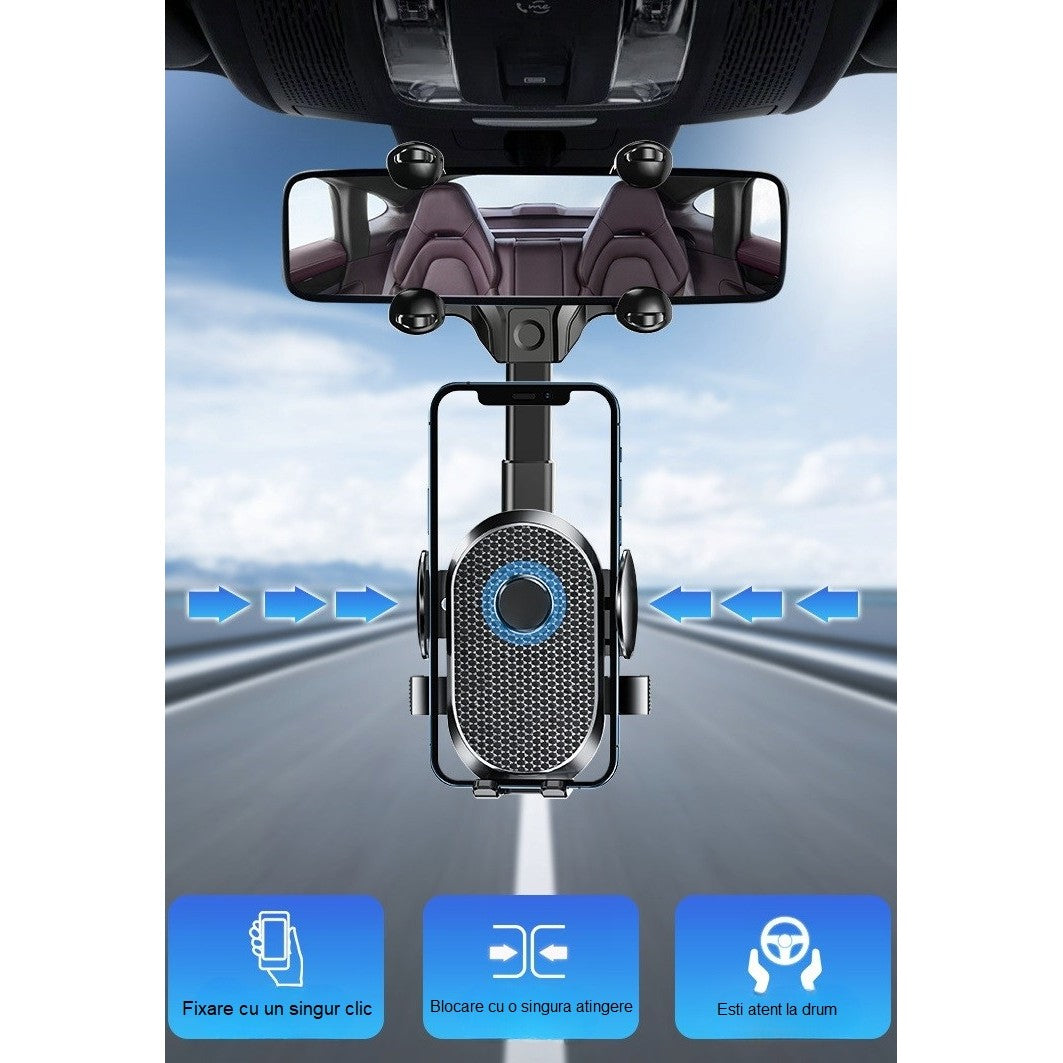 Suport Telefon Auto, Flippy, Pentru Oglinda Retrovizoare, din ABS, Reglabil 360°, Negru-5