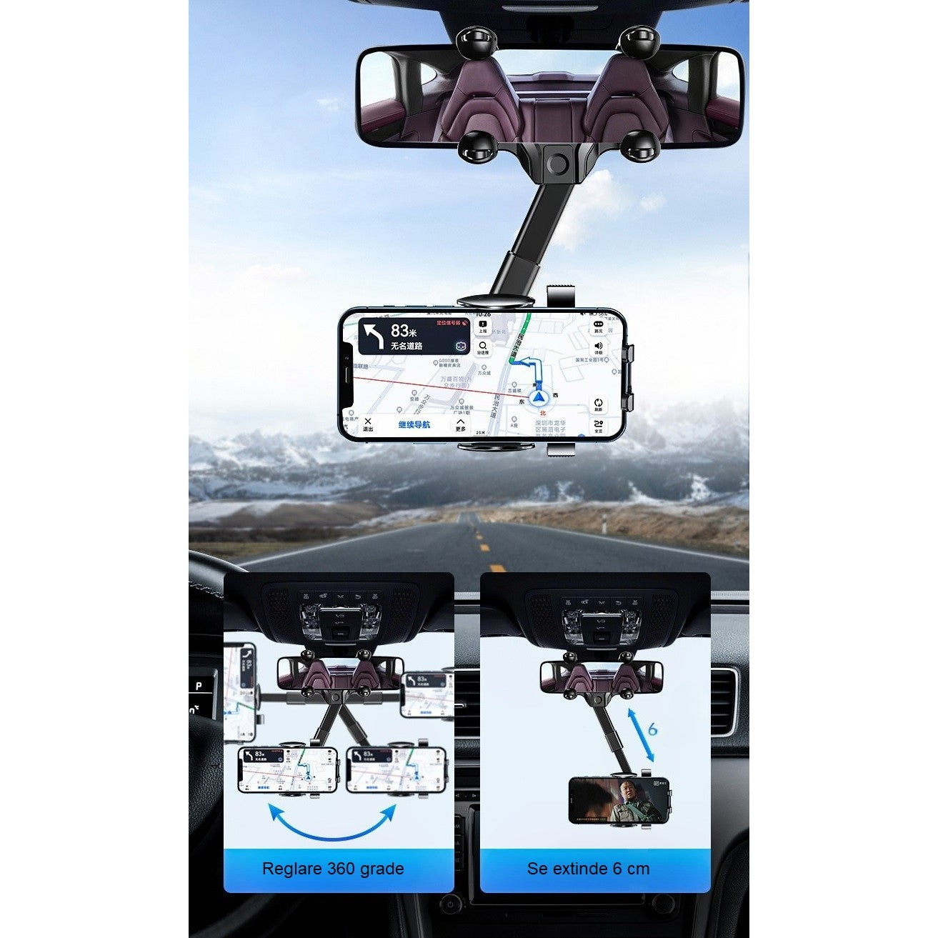 Suport Telefon Auto, Flippy, Pentru Oglinda Retrovizoare, din ABS, Reglabil 360°, Negru-6