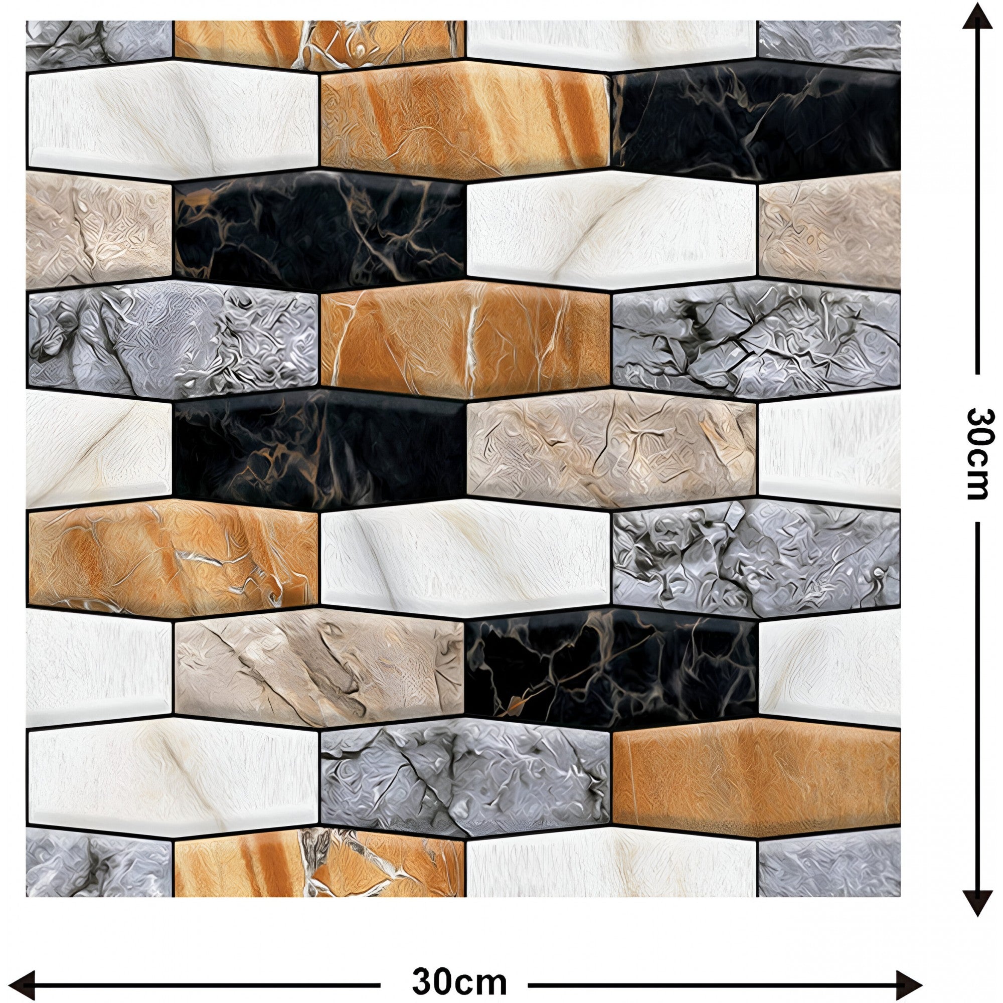 10 x Placi Tapet Autocolant 3D cu Imitatie de Marmura Asimetrica, pentru Perete Bucatarie Sufragerie, Usor de Curatat, Rezistent la Apa, Autoadeziv, 30x30 cm, Maro Gri Negru-2