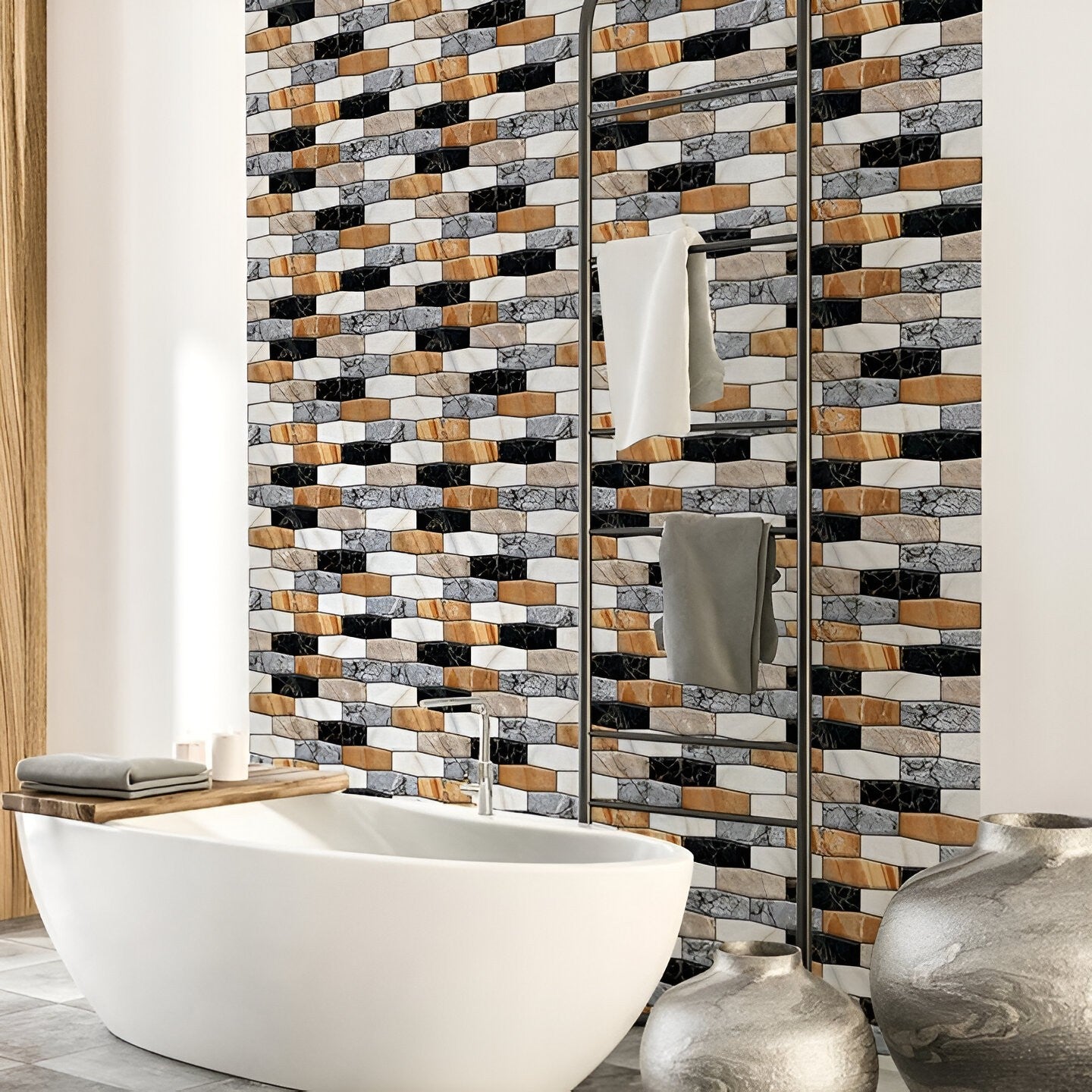 10 x Placi Tapet Autocolant 3D cu Imitatie de Marmura Asimetrica, pentru Perete Bucatarie Sufragerie, Usor de Curatat, Rezistent la Apa, Autoadeziv, 30x30 cm, Maro Gri Negru-4