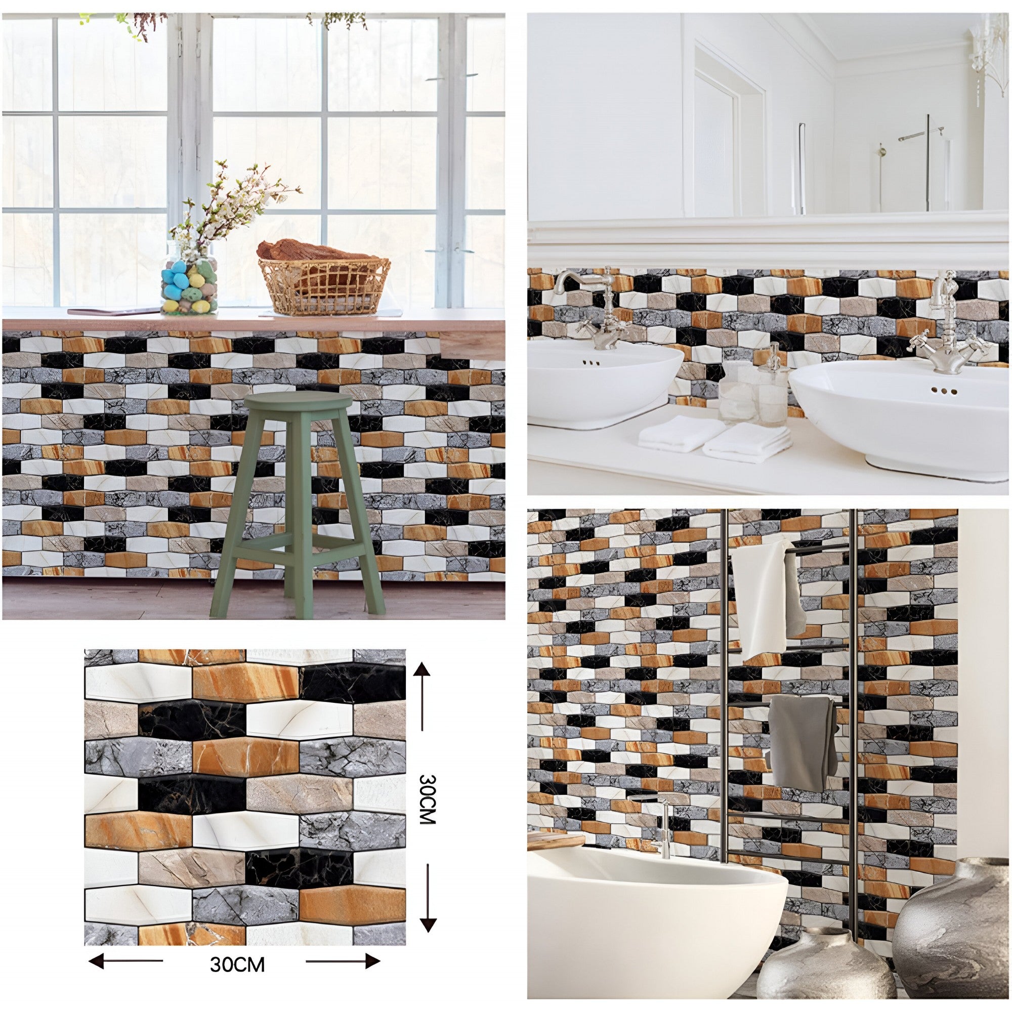 10 x Placi Tapet Autocolant 3D cu Imitatie de Marmura Asimetrica, pentru Perete Bucatarie Sufragerie, Usor de Curatat, Rezistent la Apa, Autoadeziv, 30x30 cm, Maro Gri Negru-6