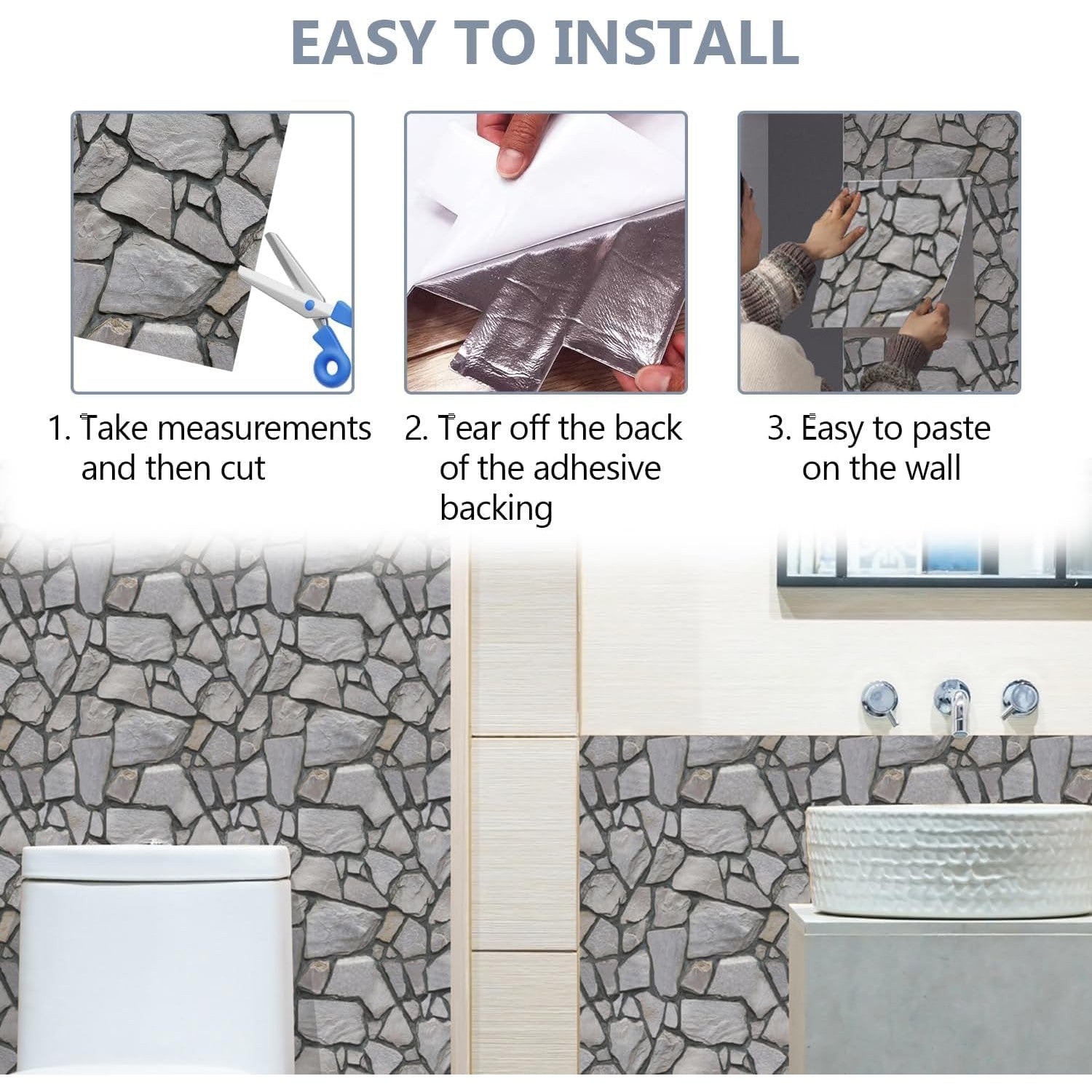 10 x Placi Tapet Autocolant 3D cu Imitatie de Pietre, pentru Perete Bucatarie Sufragerie, Usor de Curatat, Rezistent la Apa, Autoadeziv, 30x30 cm, Gri-5