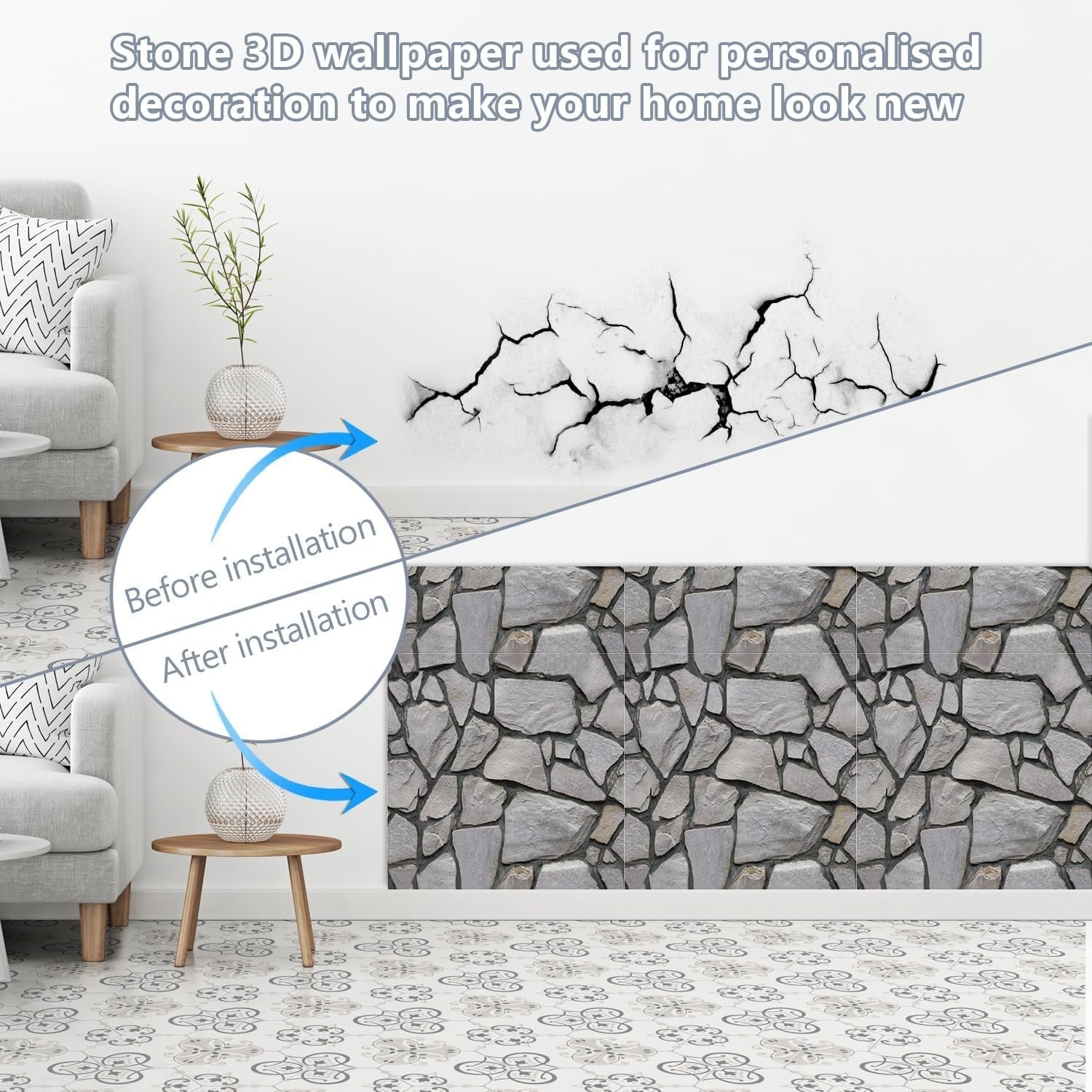 10 x Placi Tapet Autocolant 3D cu Imitatie de Pietre, pentru Perete Bucatarie Sufragerie, Usor de Curatat, Rezistent la Apa, Autoadeziv, 30x30 cm, Gri-6