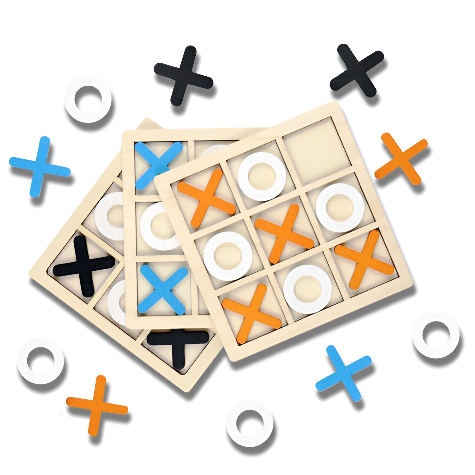 Jucarie Montessori Tic Tac Toe, Flippy, Educativa, Interactiva, din lemn, X si O, 9 Piese, 14.3x14.3 cm, Portocaliu Alb-6