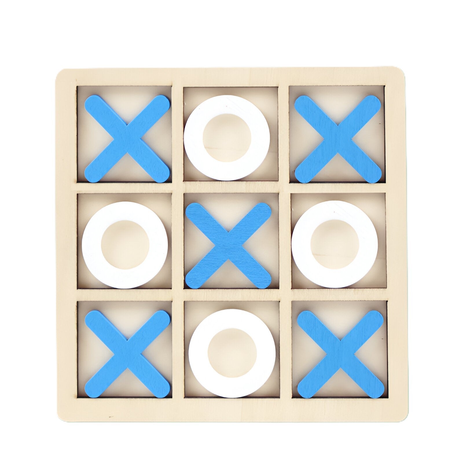 Jucarie Montessori Tic Tac Toe, Flippy, Educativa, Interactiva, din lemn, X si O, 9 Piese, 14.3x14.3 cm, Albastru Alb-0