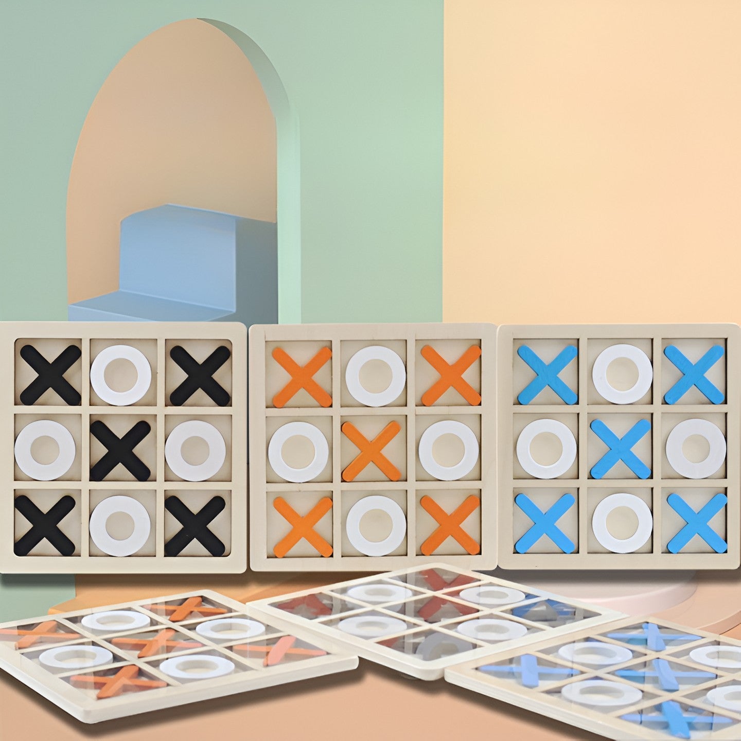 Jucarie Montessori Tic Tac Toe, Flippy, Educativa, Interactiva, din lemn, X si O, 9 Piese, 14.3x14.3 cm, Albastru Alb-1